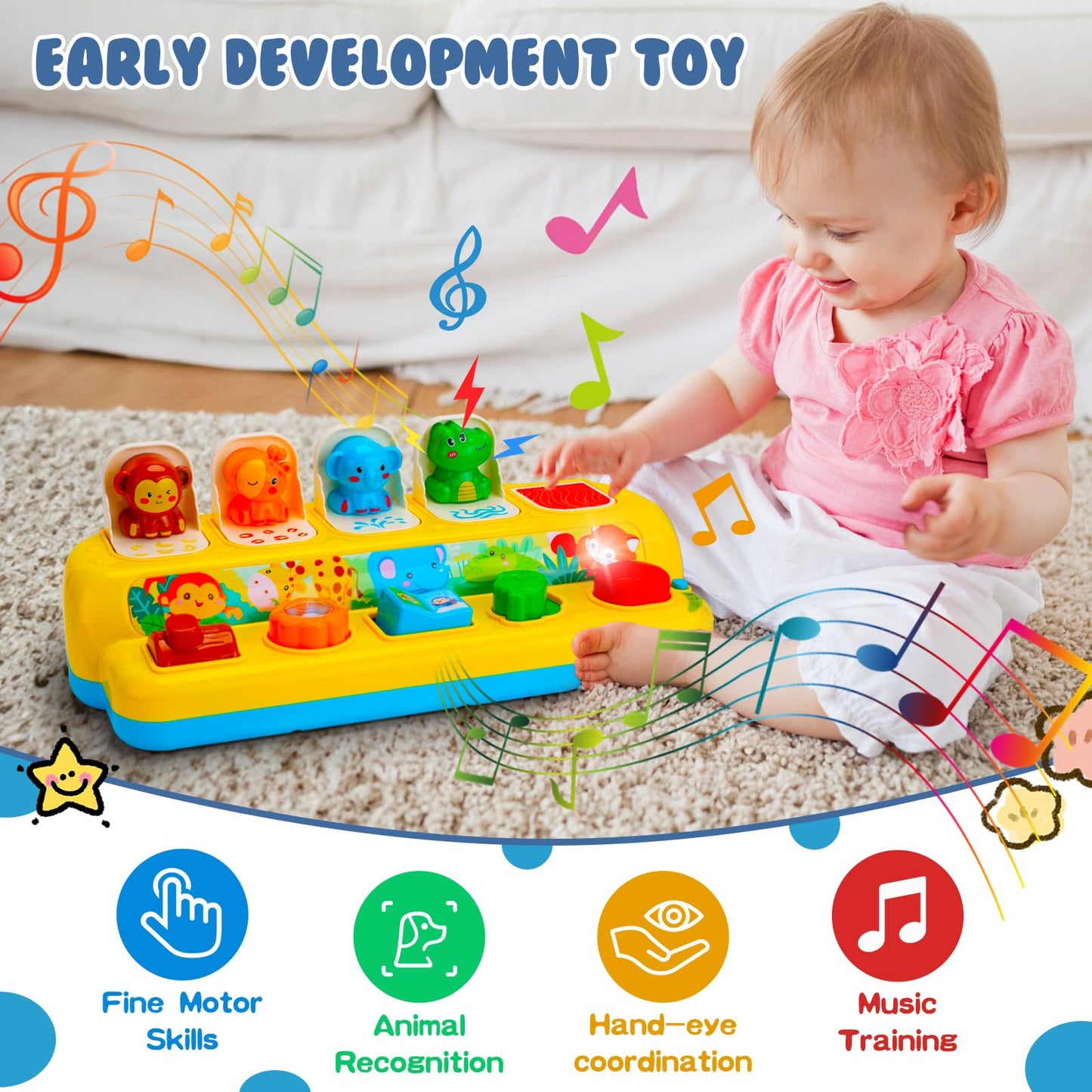 Interactive Pop Up Animal Toys With Music & Light, Montessori Cause And Effect Toys For 1 Year Old Boy Girl Early Learning Musical Baby Toys 9-12-18 Months Stem Toddler Toys Age 1-2 Gift For Infant