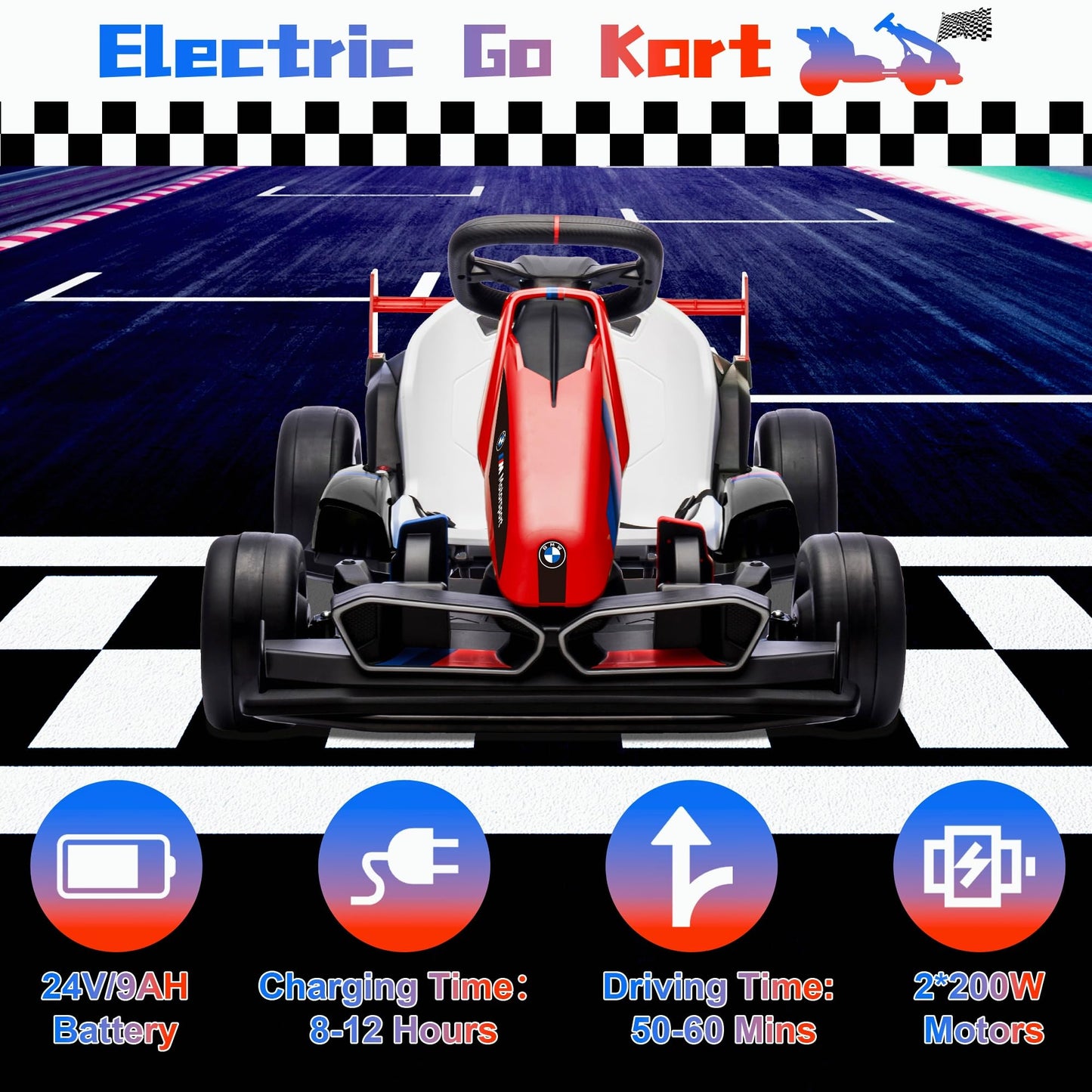 24V 9Ah Electric Go Kart With Adjustable Seat, 7.5 Mph Drift Kart For Kids Age 6-12, 2 * 200W Motors, Drift Mode And 2 Speed, Li
