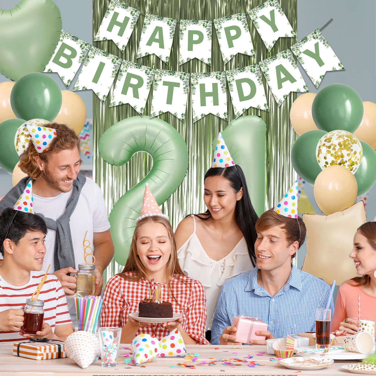 21St Birthday Decorations For Her, Sage Green 21 Birthday Party Decorations- 21St Happy Birthday Banner Sash Cake Topper Olive Green Balloons Kit, 21St Birthday Gifts For Women Birthday Party Supplies