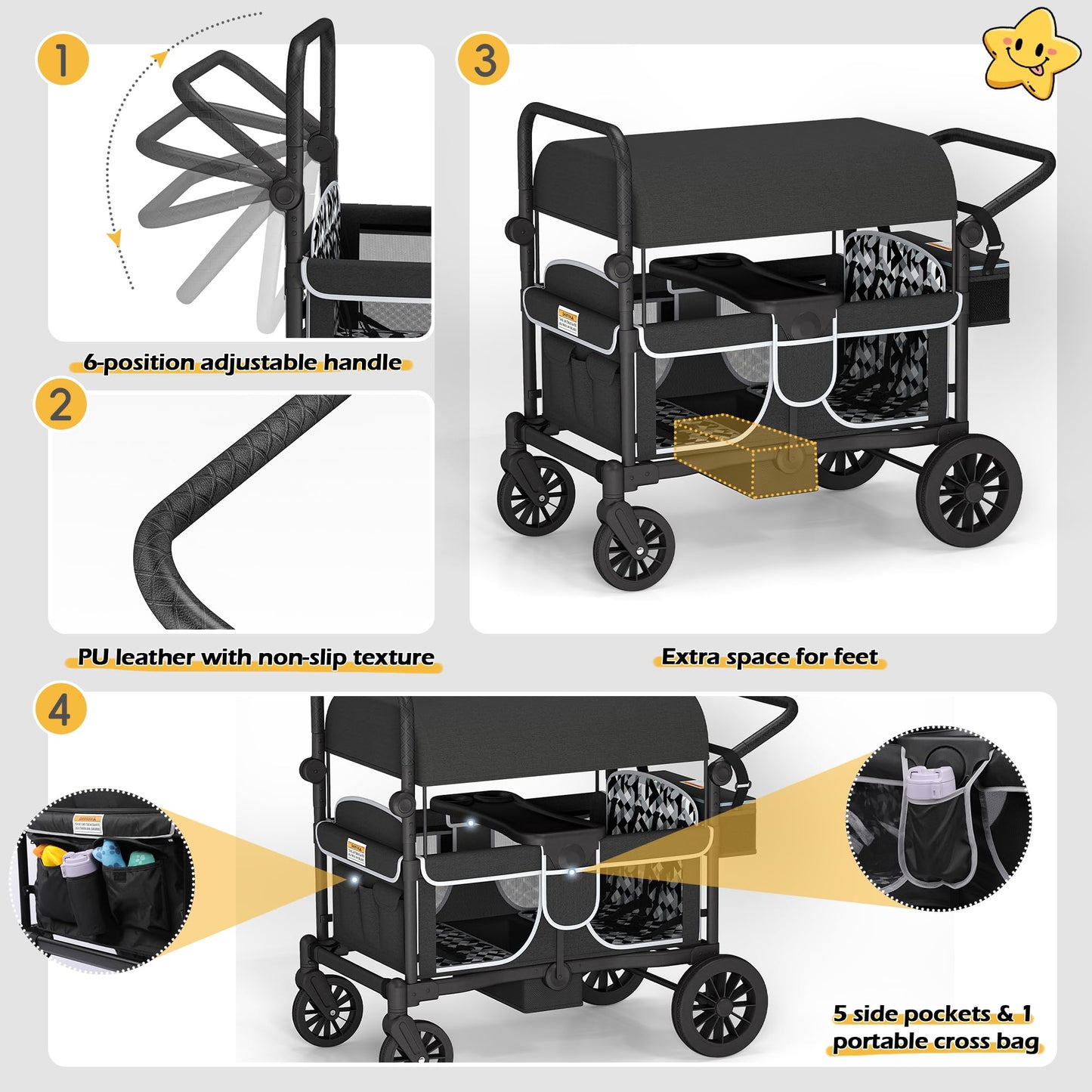 TOLEAD Wagon Stroller for 4 Kids Foldable 4 Seats Outdoor Stroller Wagon with Canopy Adjustable Handlebars 5-Point Safety Harness Detachable Tray Portable Bag Black