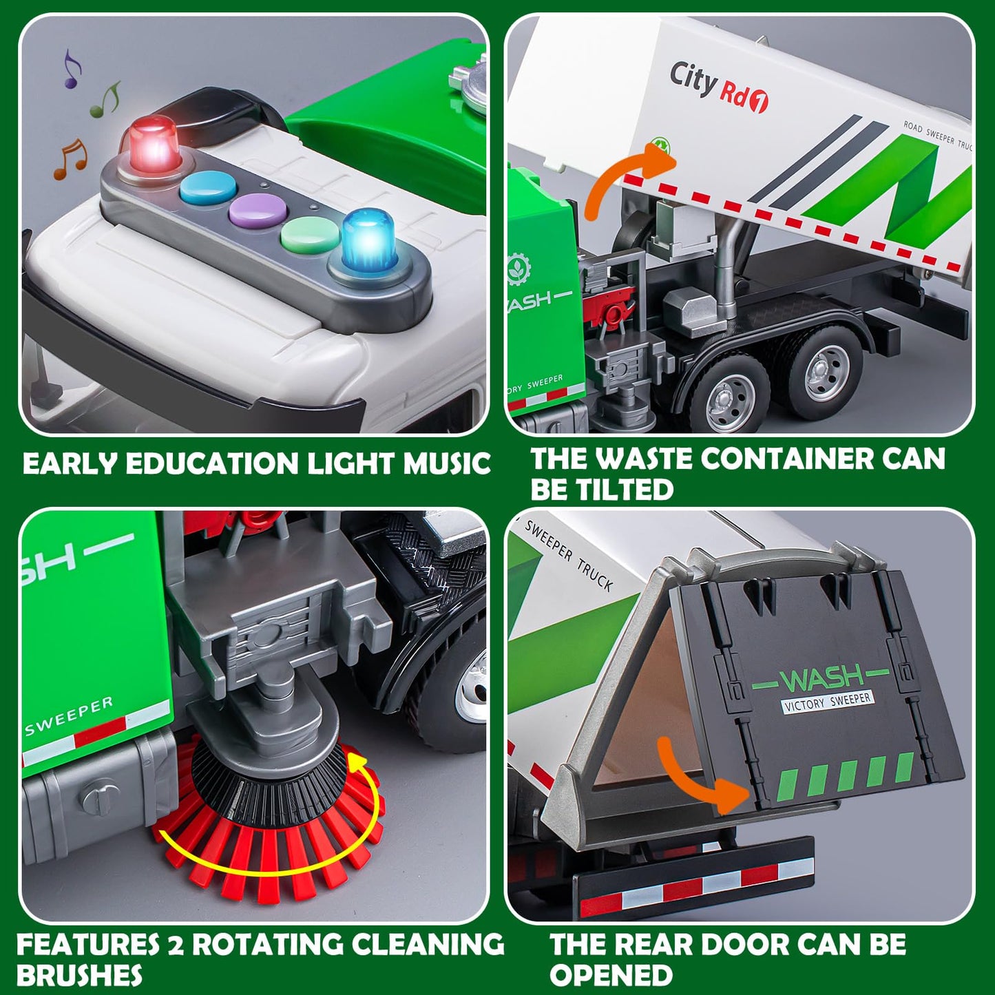 Street Sweeper Truck with Open-able Doors, 11.5'' Big Trash Truck with Lights and Sounds, Friction Powered Garbage Truck Toys Gi