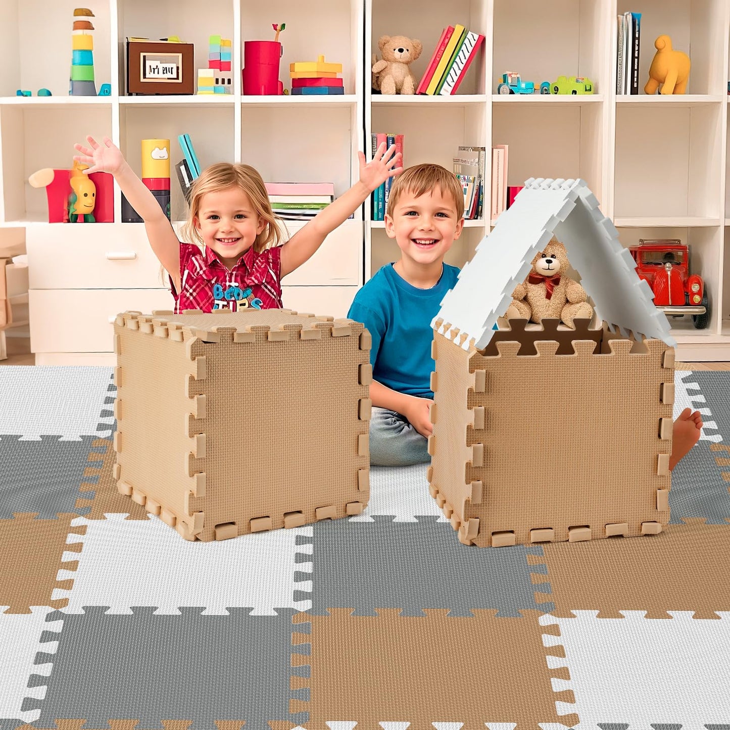 36Pcs Baby Play Mat for Floor Foam Floor Tiles for Kids with Interlocking Squares Foam Puzzle Carpet for Playroom Crawling Rug for Babies 6-12 Months Toddlers 11.8*11.8*0.6In Each Grey White Brown