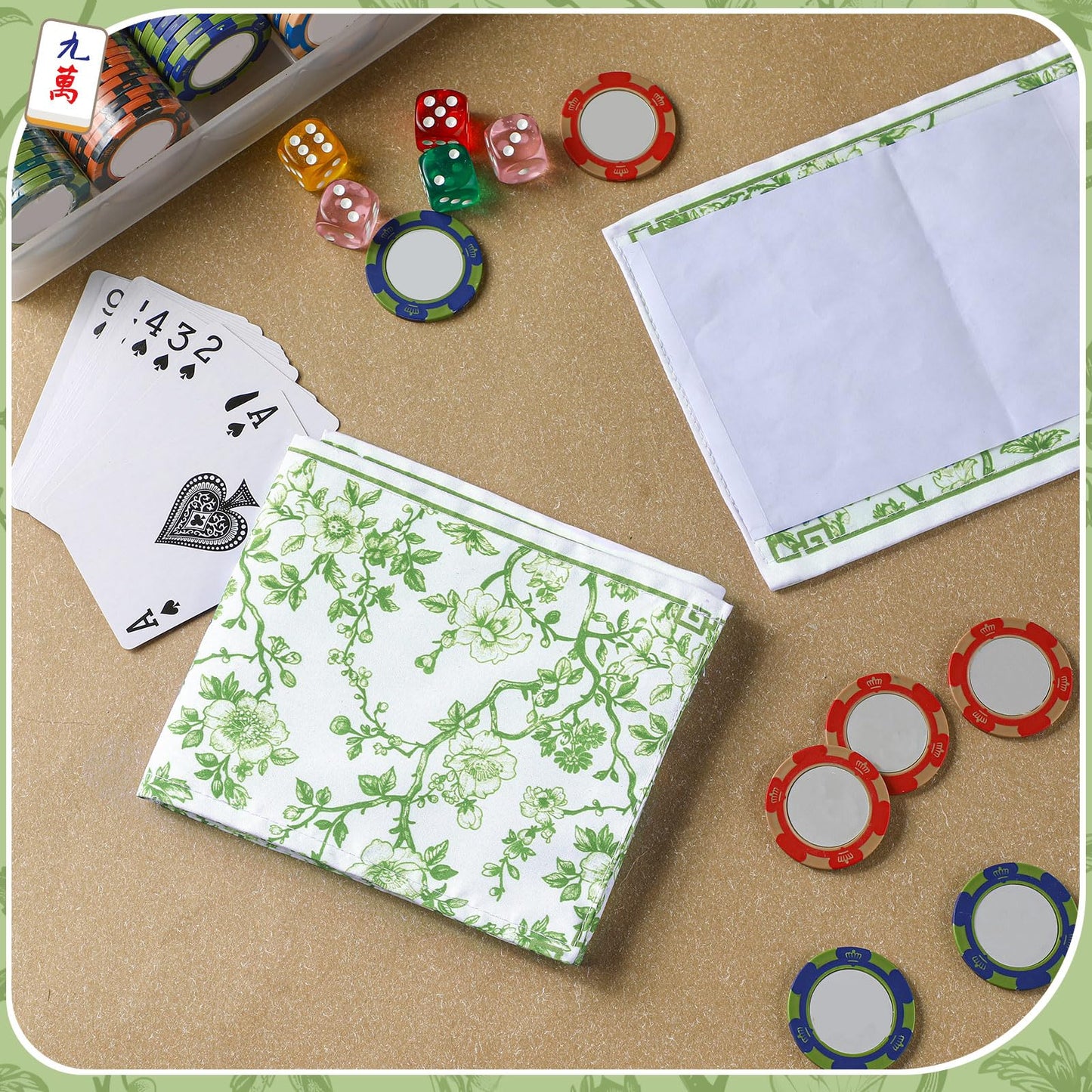 Sonwyoung Chinoiserie Mahjong Card Holder - Large Soft Fabric Sleeve 6.2"x5.2" - Green, Model SIO-Sonwyoung-1268