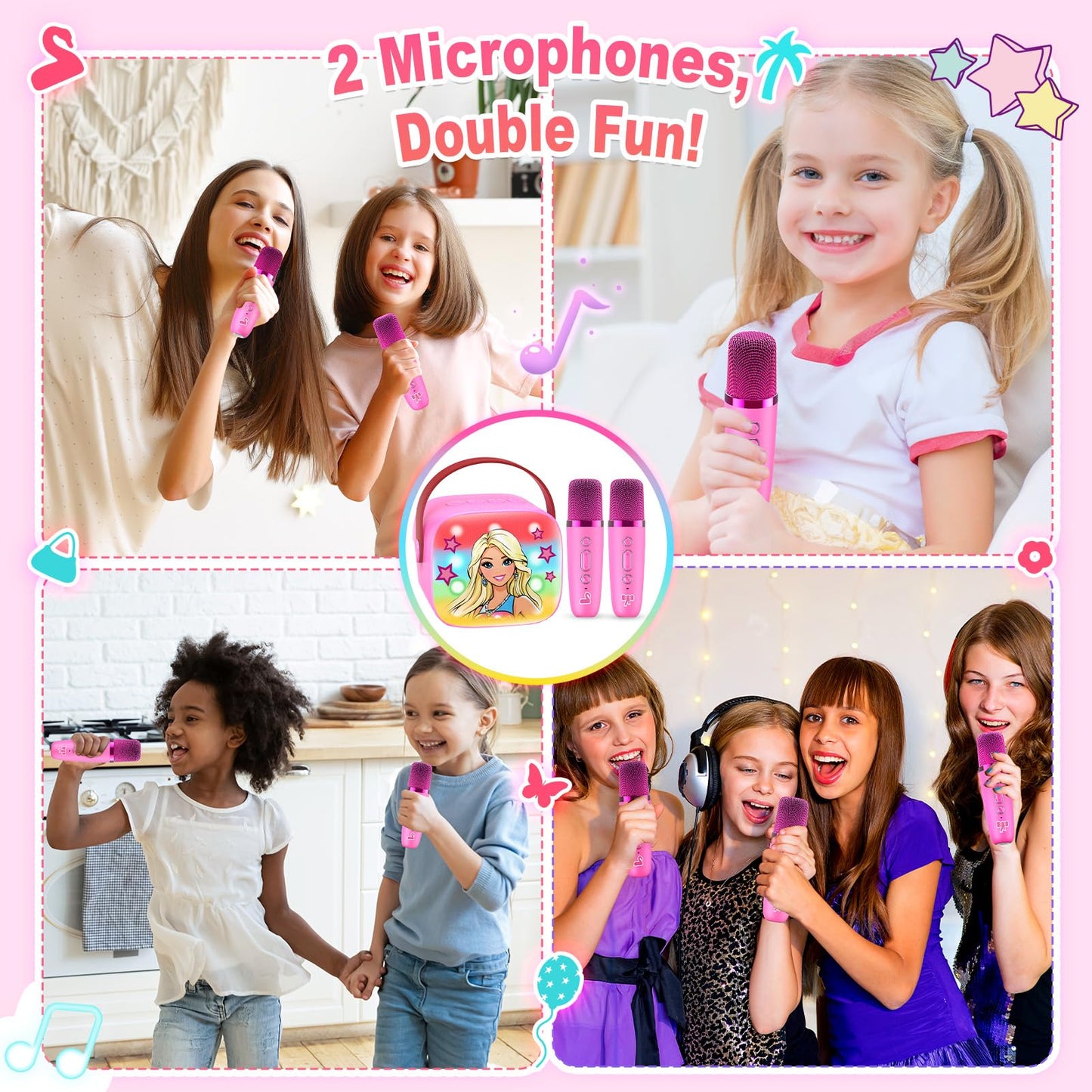 Princess Karaoke Microphone Machine Toys: Colorful Led Portable Bluetooth Speaker With 2 Wireless Mics Toys Gifts For 4 5 6 7 8