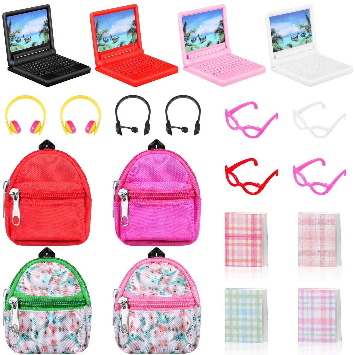 20 Pieces Mini Backpack For Dolls Dollhouse Accessories Include Tiny Micro Backpack With Zipper Laptop Books Headsets Sunglasses Cute School Scene Simulation Toys For 1/12 1/6 Scale(Classic Style)