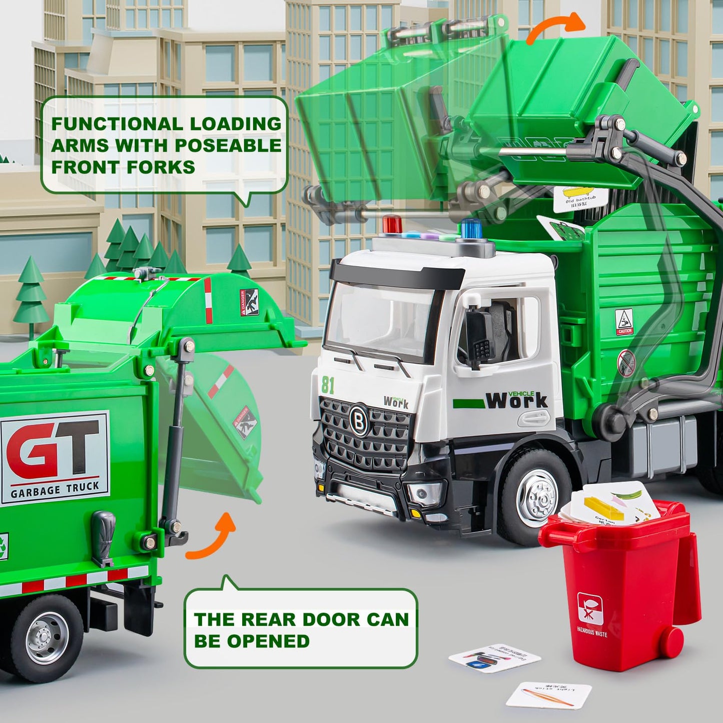 TAKGUD Garbage Truck Toy for Boys, 12" Friction Powered Green Truck with Lights, Sounds, 4 Trash Cans & Sorting Cards
