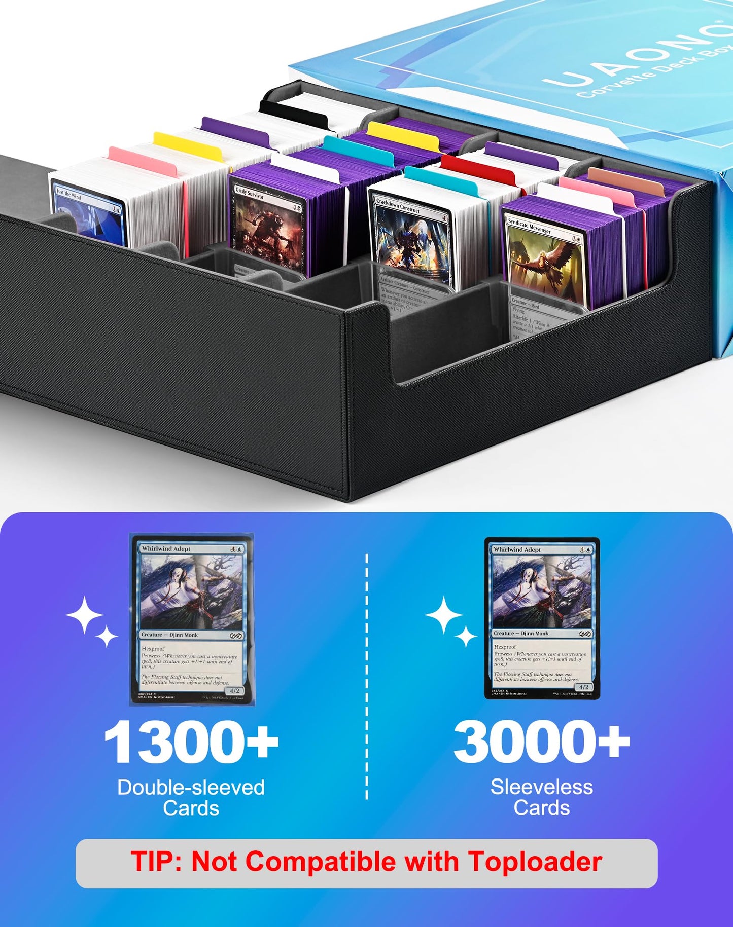 Uaono Card Storage Box For Trading Cards, 2400+ Mtg Commander Deck Box With 24Pcs Colorful Divider, Card Case Fits For Magic Tcg Ptcg Game Cards(Black&Gray)