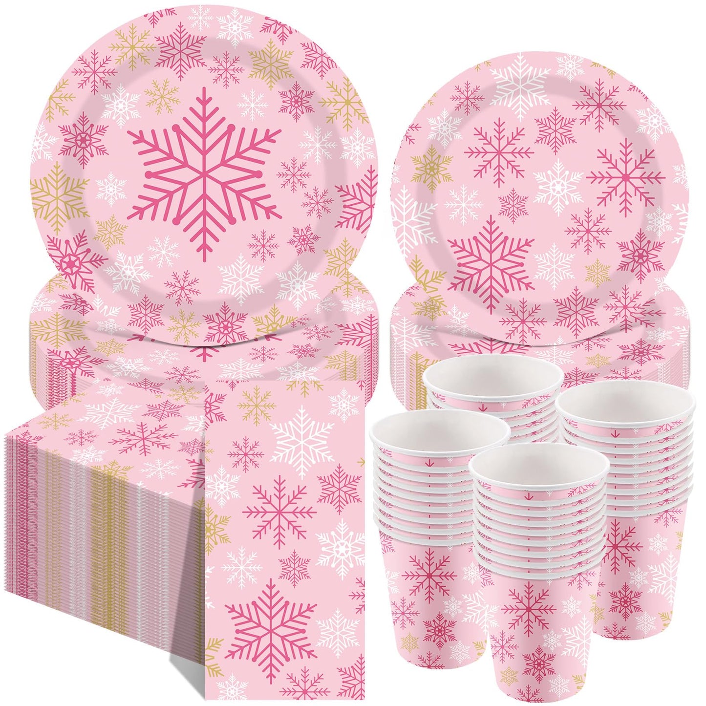 Pickmesh 250 Pcs Christmas Dinnerware Set Pink Gold Silver Snowflake Disposable Paper Plates Napkins and Cups Xmas Luncheon Dinn