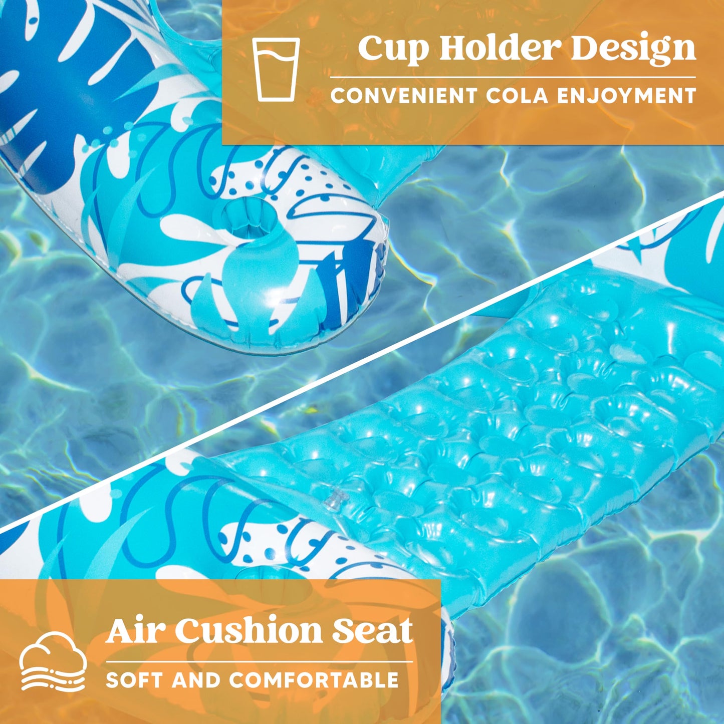 SLOOSH Inflatable Pool Floats mature-themed 3 Pack Pool Chairs with Cup Holders Blow up Floats Chair Hck Noodle Mat Leaves Design for Relaxing Summer Water Fun Swimming Party Beach Blue Green Pink