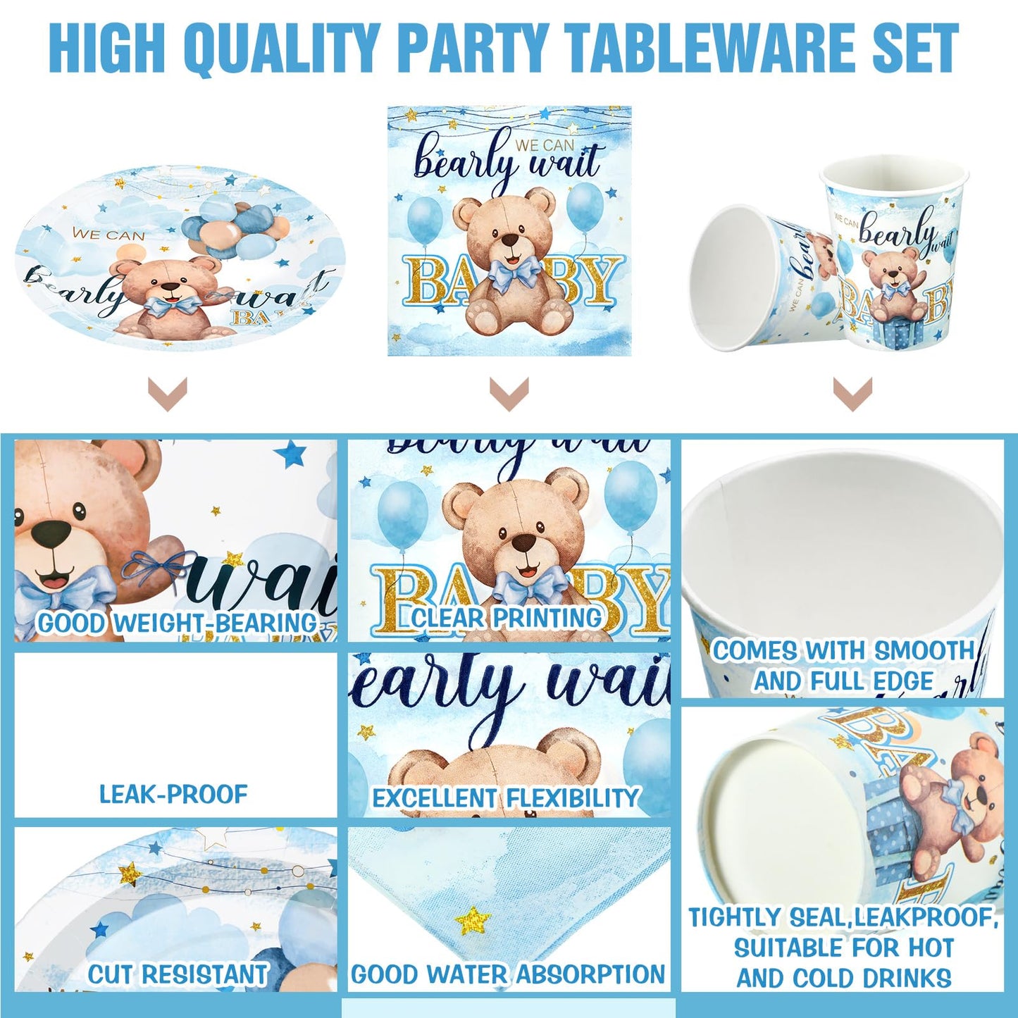 Hushee 200 Pcs Blue Bear Baby Shower Paper Plates Napkins Cups Baby Shower Party Supplies Tableware Set Bear Theme Disposable Cu