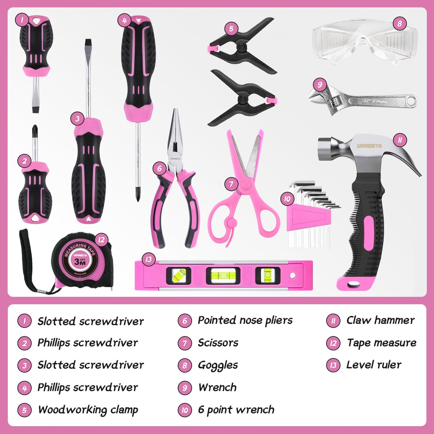 URASISTO 22-Piece Kids Tool Set with Tool Storage Bag, Pink Junior Real Hand Tool Kit for Boys & Girls, Children Learning Tools
