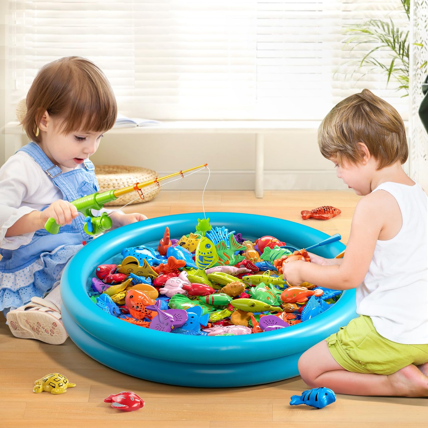Niplooow Kids Pool Fishing Toys Games, Water Table Bathtub Toy With Inflatable Pool Pole Rod Net Plastic Floating Fish, Birthday