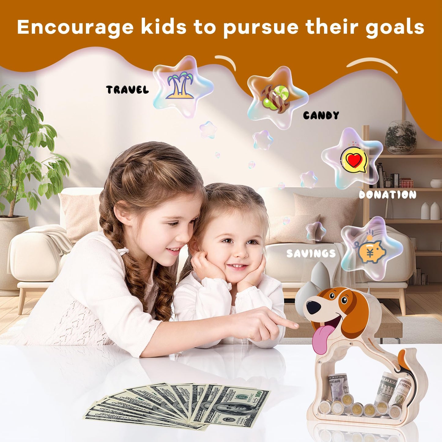 Beagle Wooden Piggy Bank For Boys, Girls, Unbreakable Wooden Money Box For Kids With Letter Stickers, Cute Wooden Cash Coin Bank