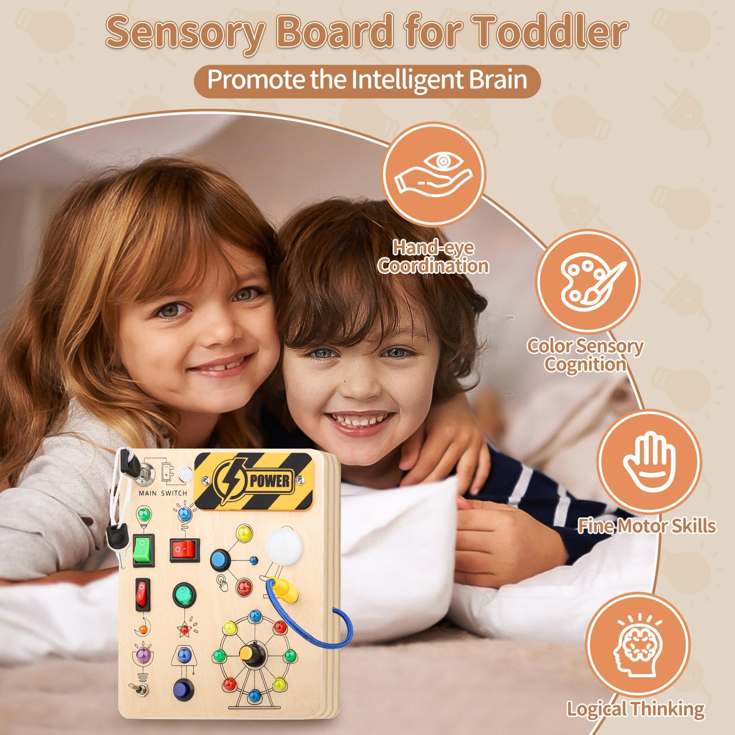 Hikoshi Montessori Busy Board For Toddlers 1-3 - Sensory Led Light Switch Busy Board Toy, Wooden Montessori Travel Toys For Toddler 1 2 3 4 Years Old Boys Girls