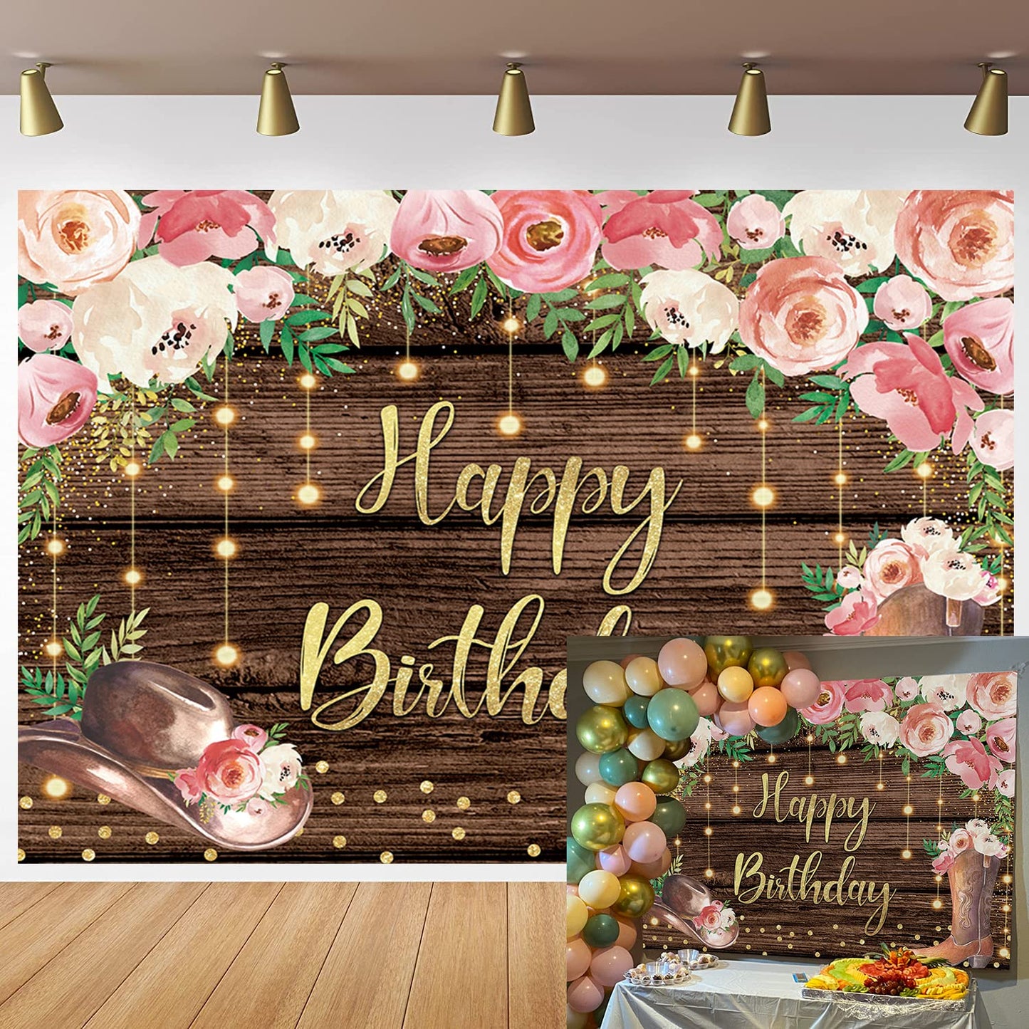 Cowgirl Happy Birthday Backdrop 8x6FT Western Hat Boot Floral Glitter Brown Rustic Wooden Boho Bday Photography Background for W