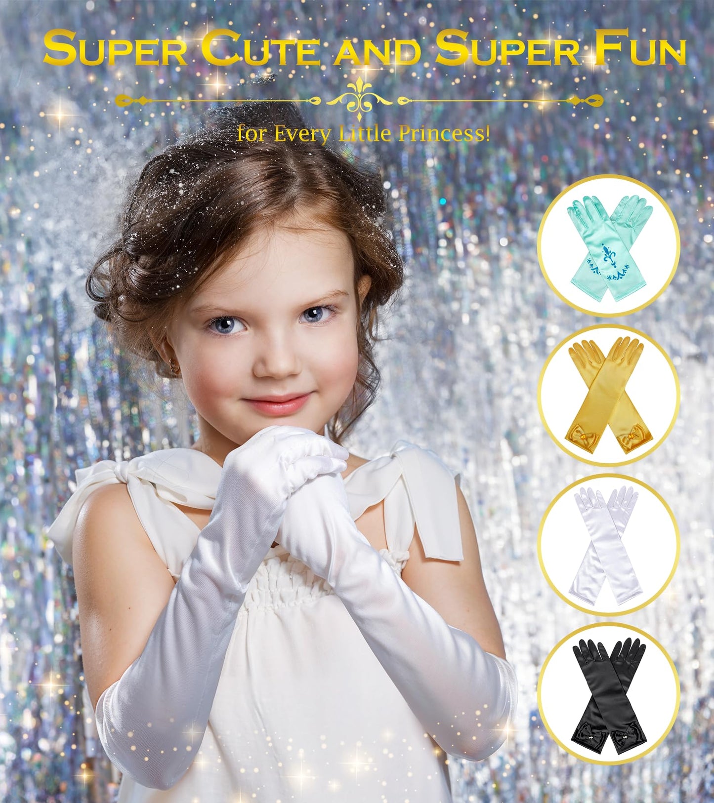 BIBUTY Princess Gloves for Little Girls Toddler Dress Up Gloves, Princess Dress Up Accessories Long White, Costume Set Toy Gift