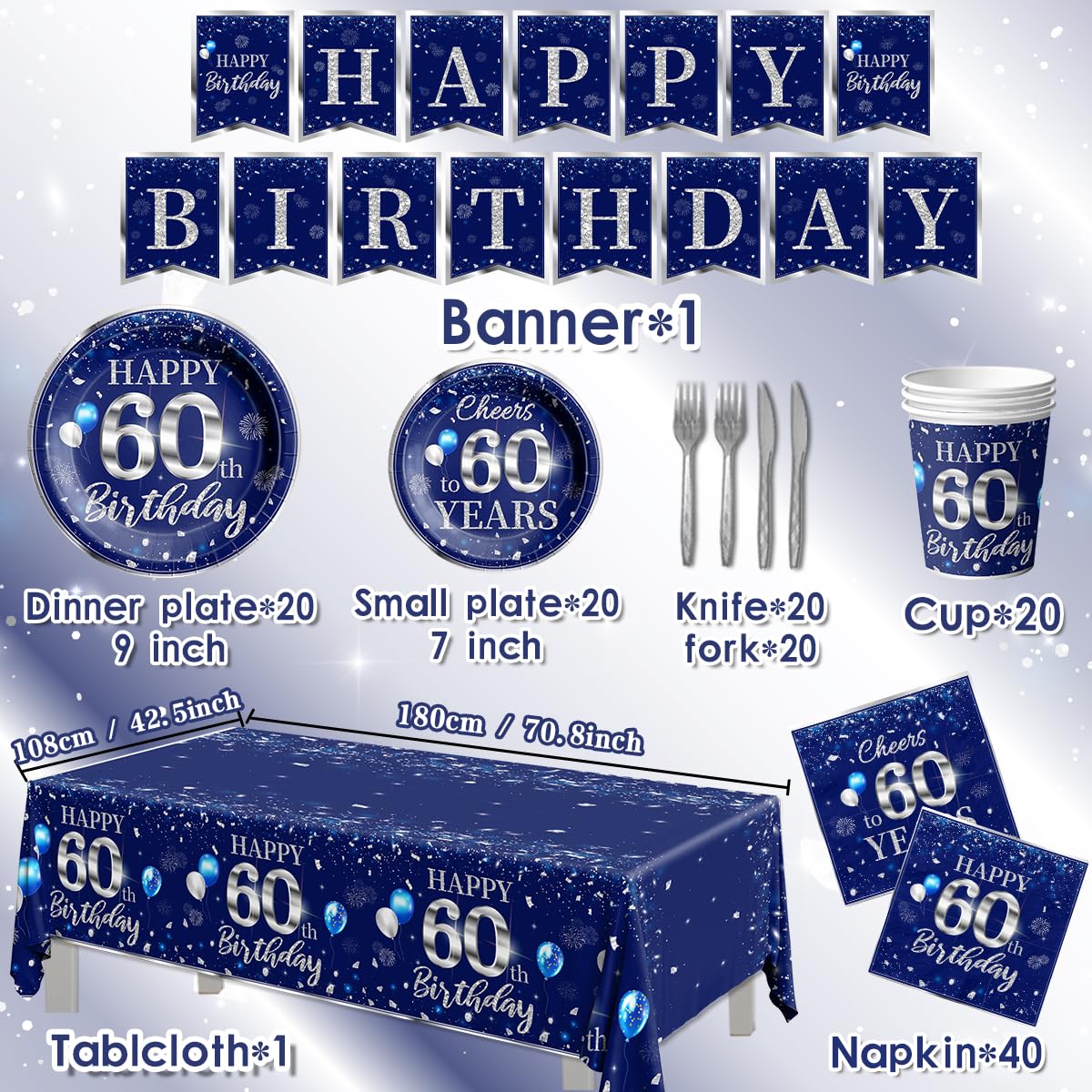 142 Pcs 60Th Birthday Tableware Set Decorations Sliver And Blue 60Th Happy Birthday Party Supplies For Men Women Birthday Tablec