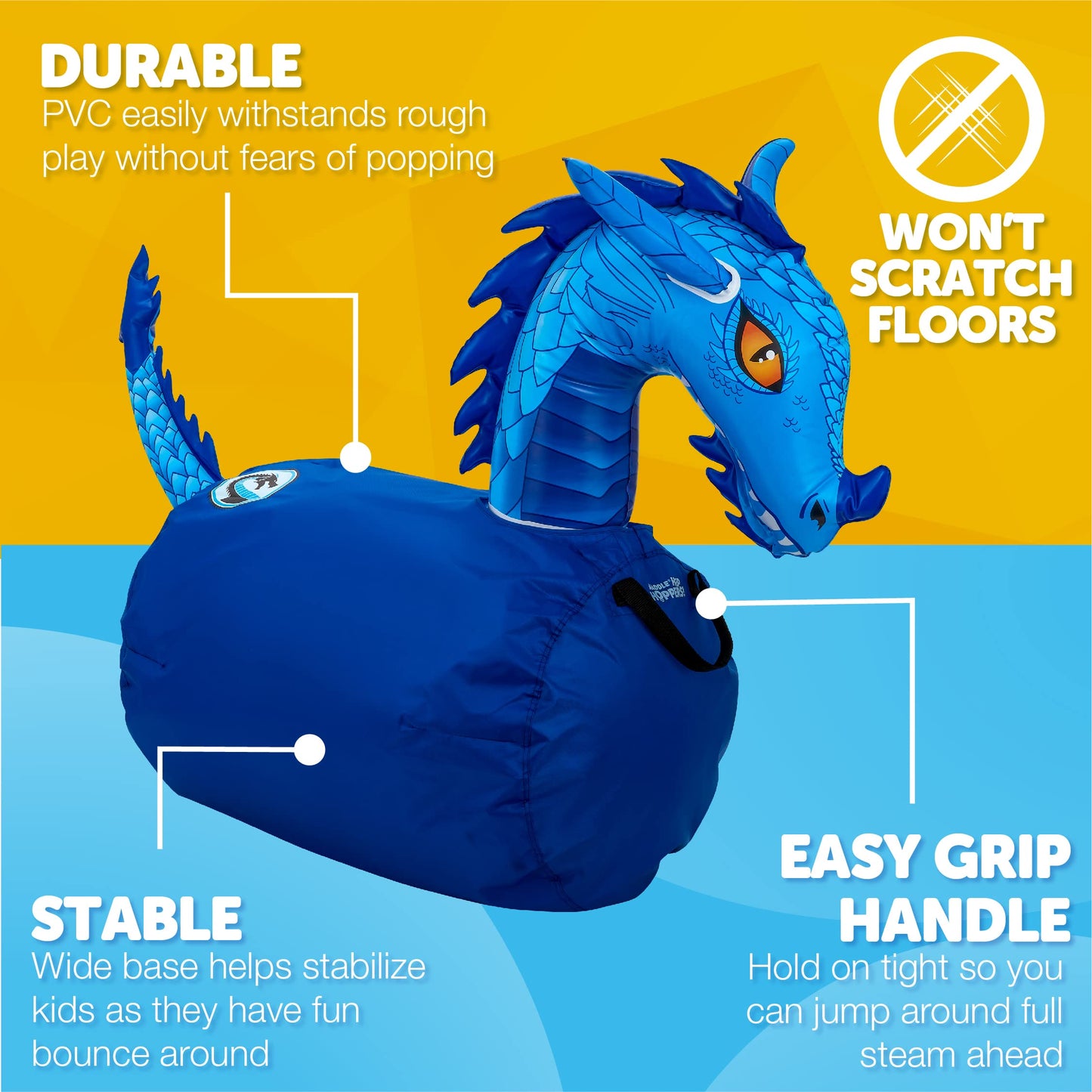 WADDLE Large Bouncy Hopper Inflatable Blue Dragon Animal Bouncer, Supports 250 lbs, Ages 5+, Model WD21426DR