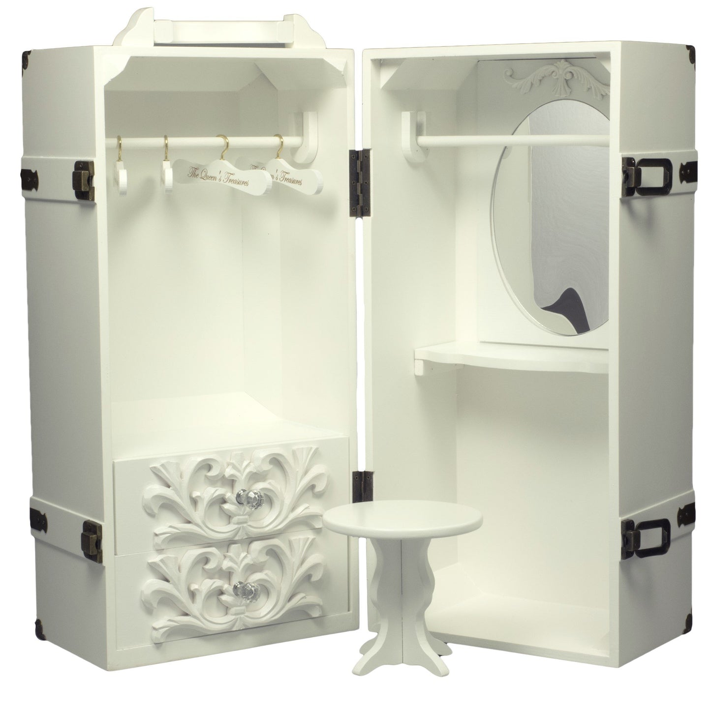 The Queens Treasures 18 Inch Doll Clothes Storage Case Furniture, Fully Assembled White Wooden Trunk Includes Vanity, Stool, Ha