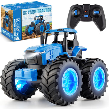 Remote Control Monster Tractor Toy For 3, 4, 5, 6, 7 Years Old, Blue Light Up Monster Trucks Toy With Led Lights Toddlers Rc Far