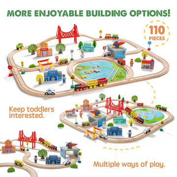 Tiny Land Wooden Train Set 110pcs with Track, Assorted Colors, Ideal for Toddlers 3-7 Years, Perfect Christmas Gift