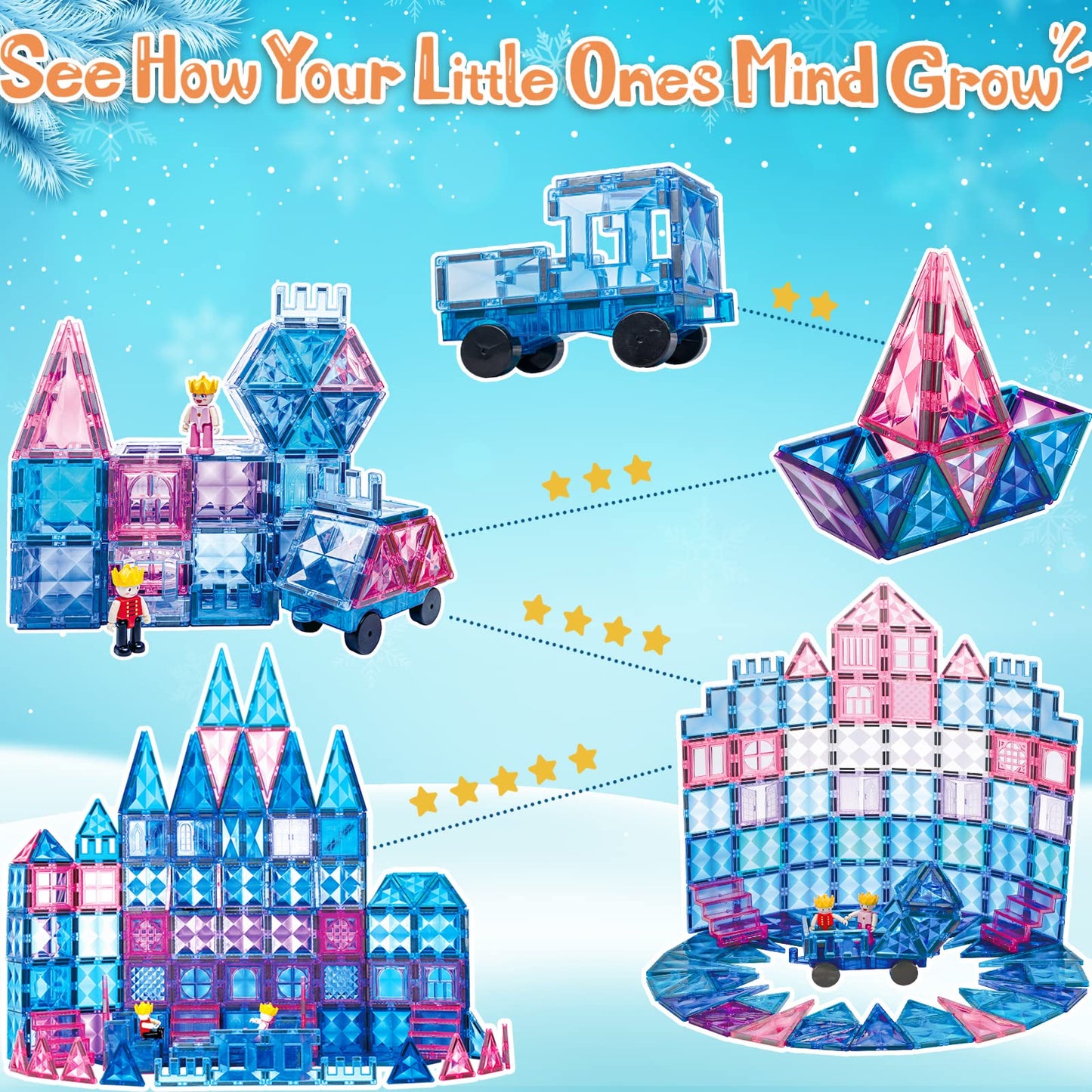 Pitpat 128 pcs Magnetic Tiles for Kids with 2 Cars and Storage Bag, Magnet Blocks Building Set with Stronger Magnets, Magnetic S