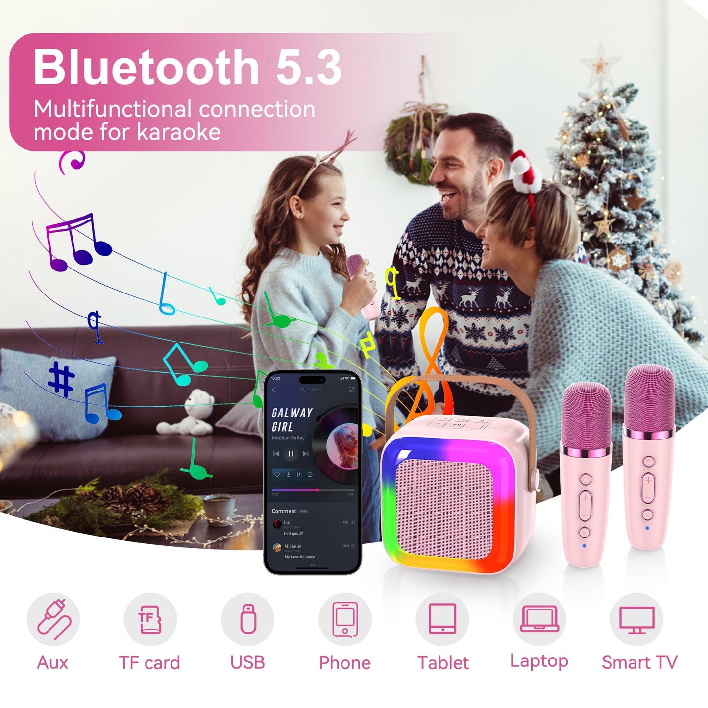 Szozzo Mini Karaoke Machine For Kids, Portable Bluetooth Karaoke Speaker With 2 Wireless Microphone And Led Lights, Toys Birthda