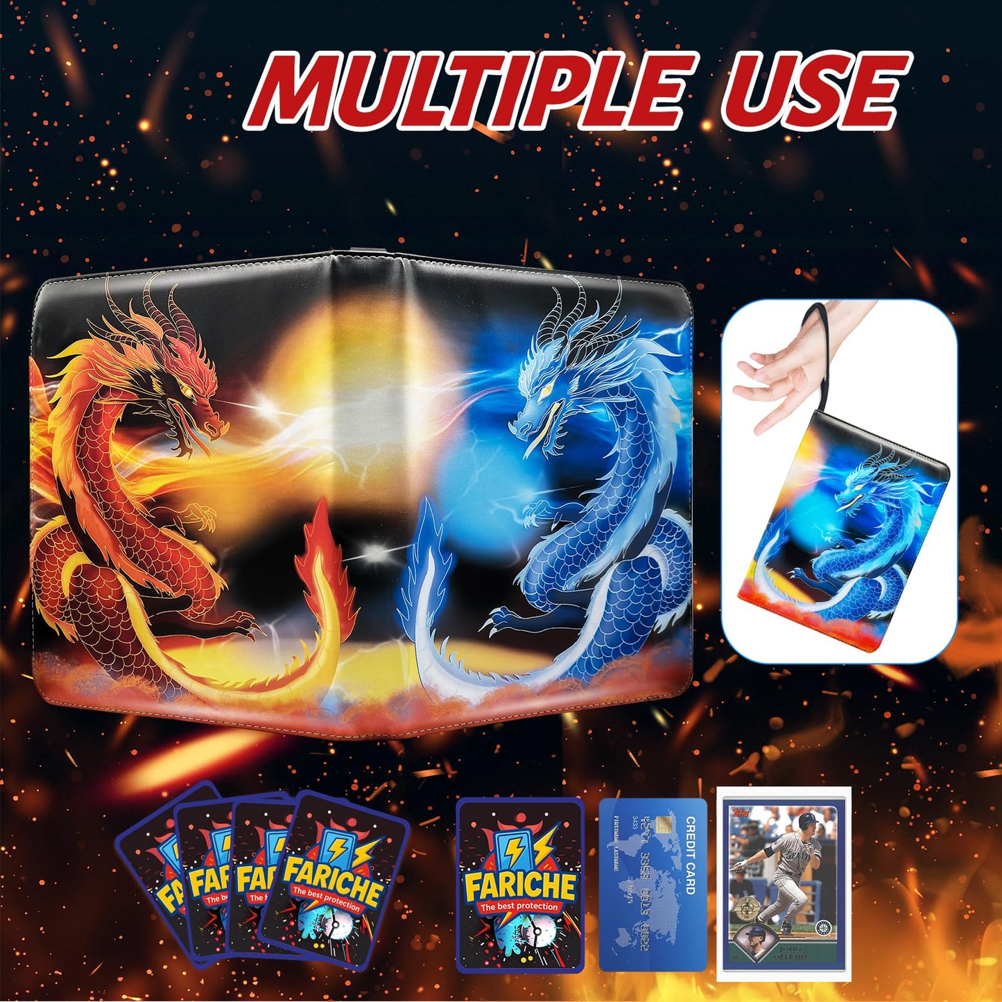 Trading Card Binder for TCG Cards 9-Pocket Portable Card Collector Ablum Holder Book Fits 900 Cards with 50 Removable Sleeve Waterproof BKM Card Binder Display Storage Carrying Cases for TCG -Dragon