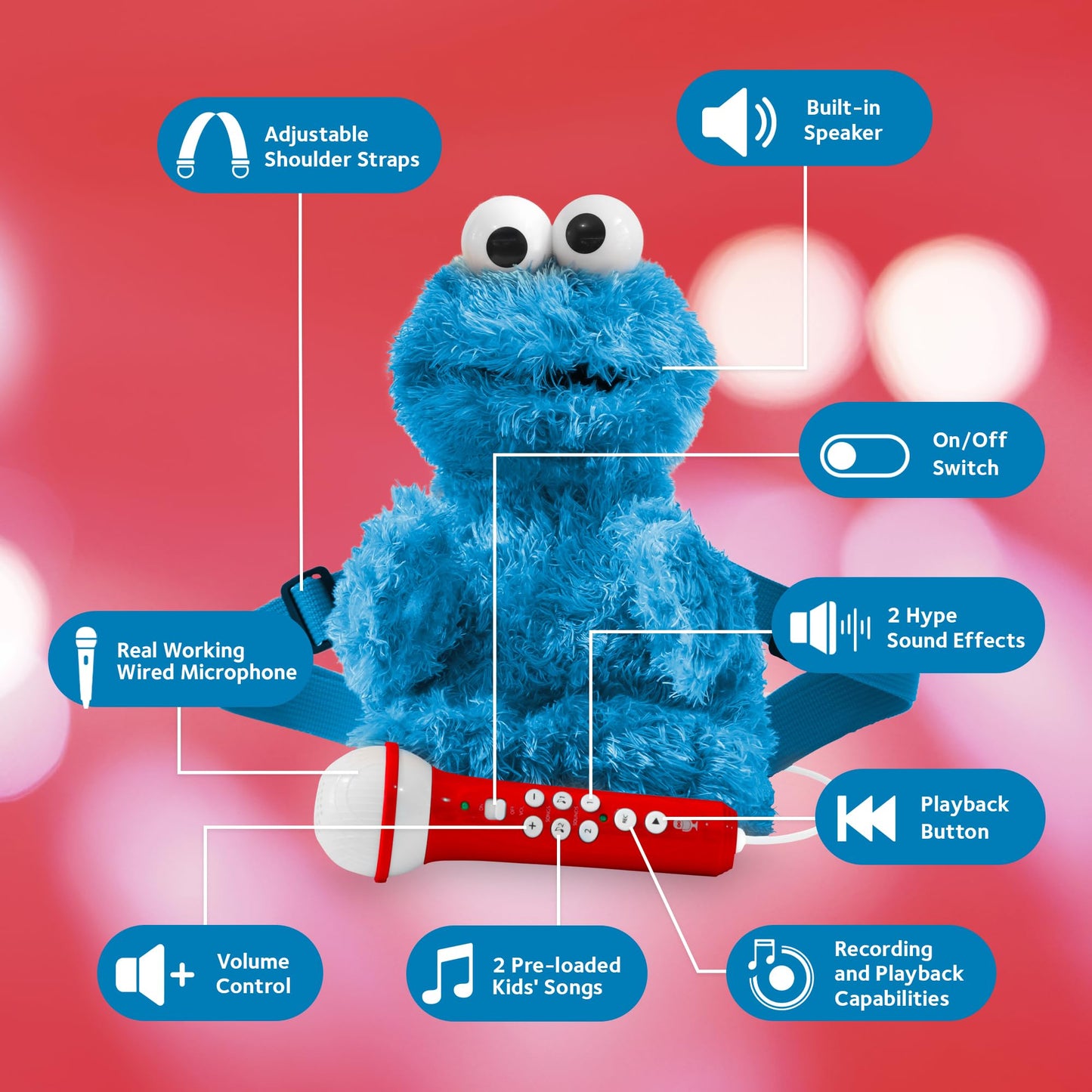 Singing Machine Karaoke Plush Sesame Street Toys (Cookie Monster Plush Toy) - Adjustable Carrying Straps - Sing-Along Built-In Real Working Microphone & Speaker With Record & Playback Function