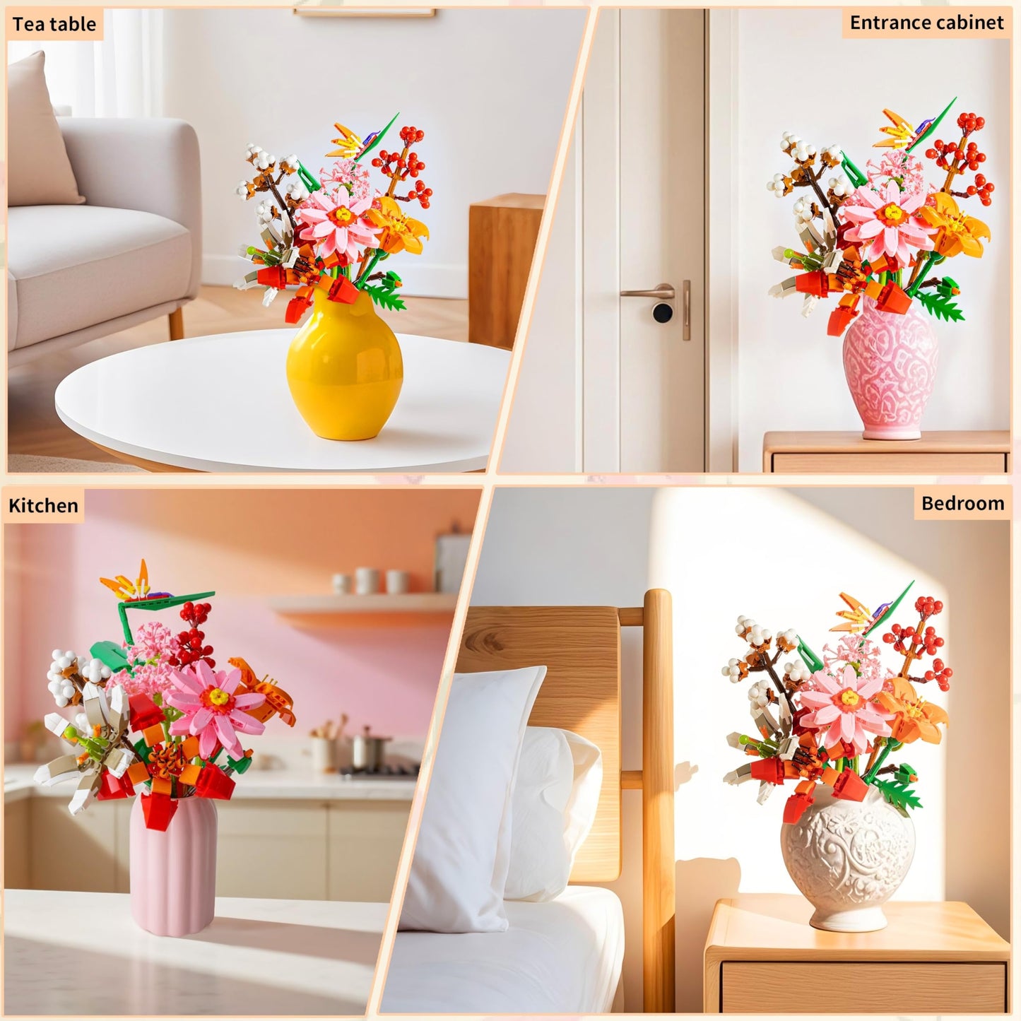 Sawaruita Botanical Building Blocks - Wildflower Bouquet with Vase, Plastic, Model 9094/8856/9095, Perfect for Home & Office Decor