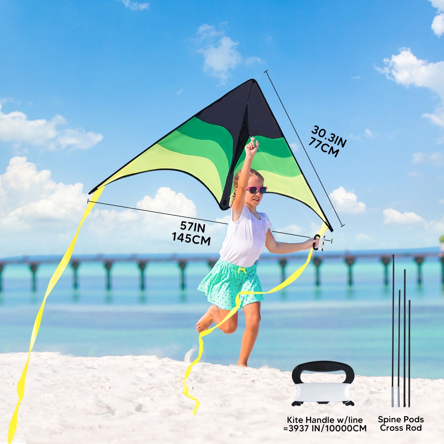 SYNCFUN Large Delta Kite Gradient Green- Easy to Fly for Kids and Adults, Beach Kite with 328 ft String for Outdoor Games and Ac