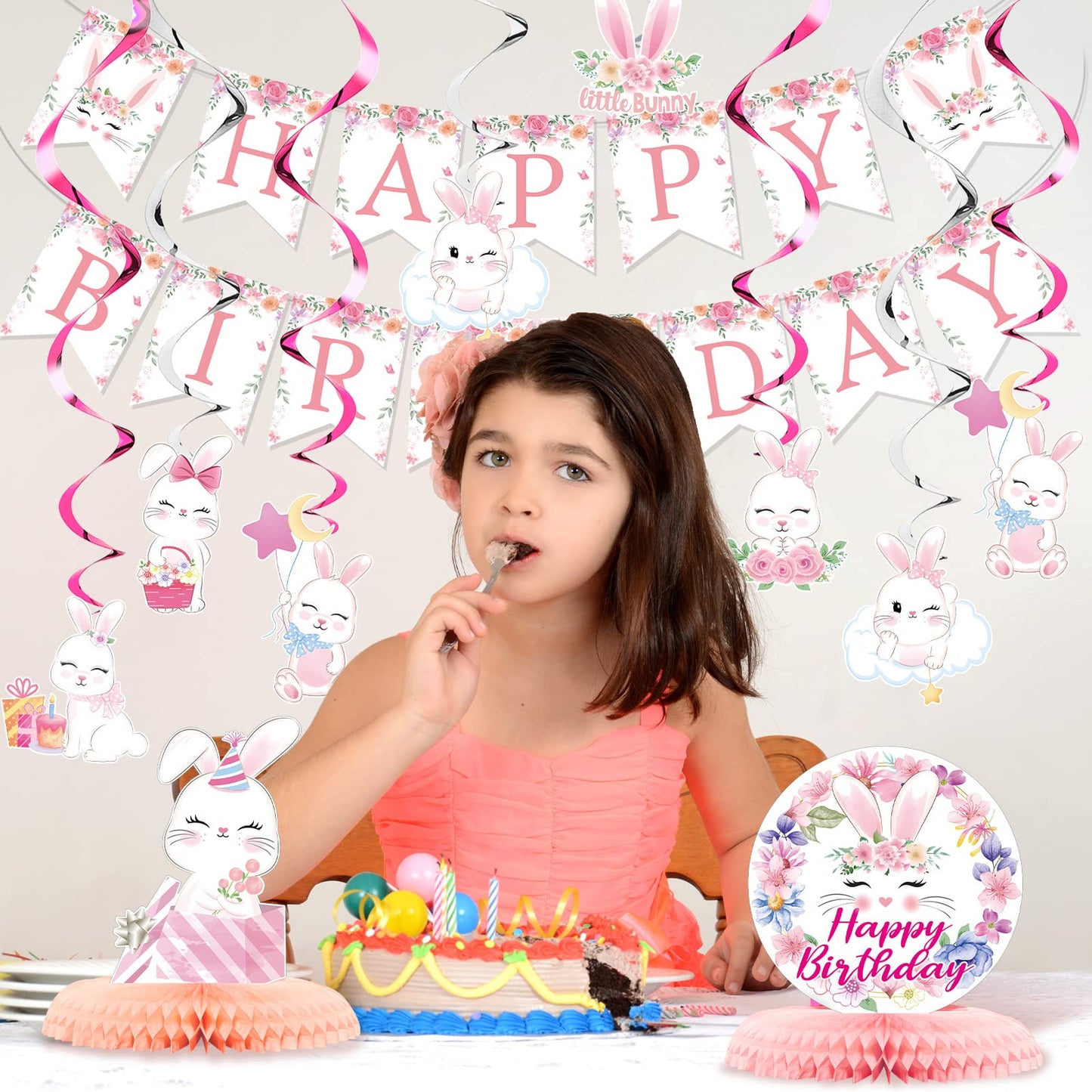 26 Pcs Easter Bunny Birthday Party Decorations Kit Bunny Party Supplies Bunny Birthday Banner Bunny Honeycomb Centerpiece Rabbit