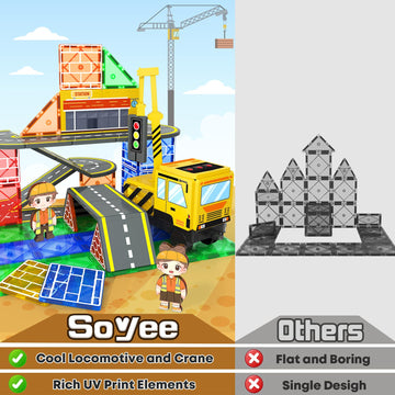 Magnetic Tiles Magnetic Construction Set With 2 Cranes Boys Toys For Ages 3-5 5-7 8-10 Building Toys Includes Crane, Road Tracks, Train, Train Tracks, Dolls, Car Toy, Traffic Lights And Stations