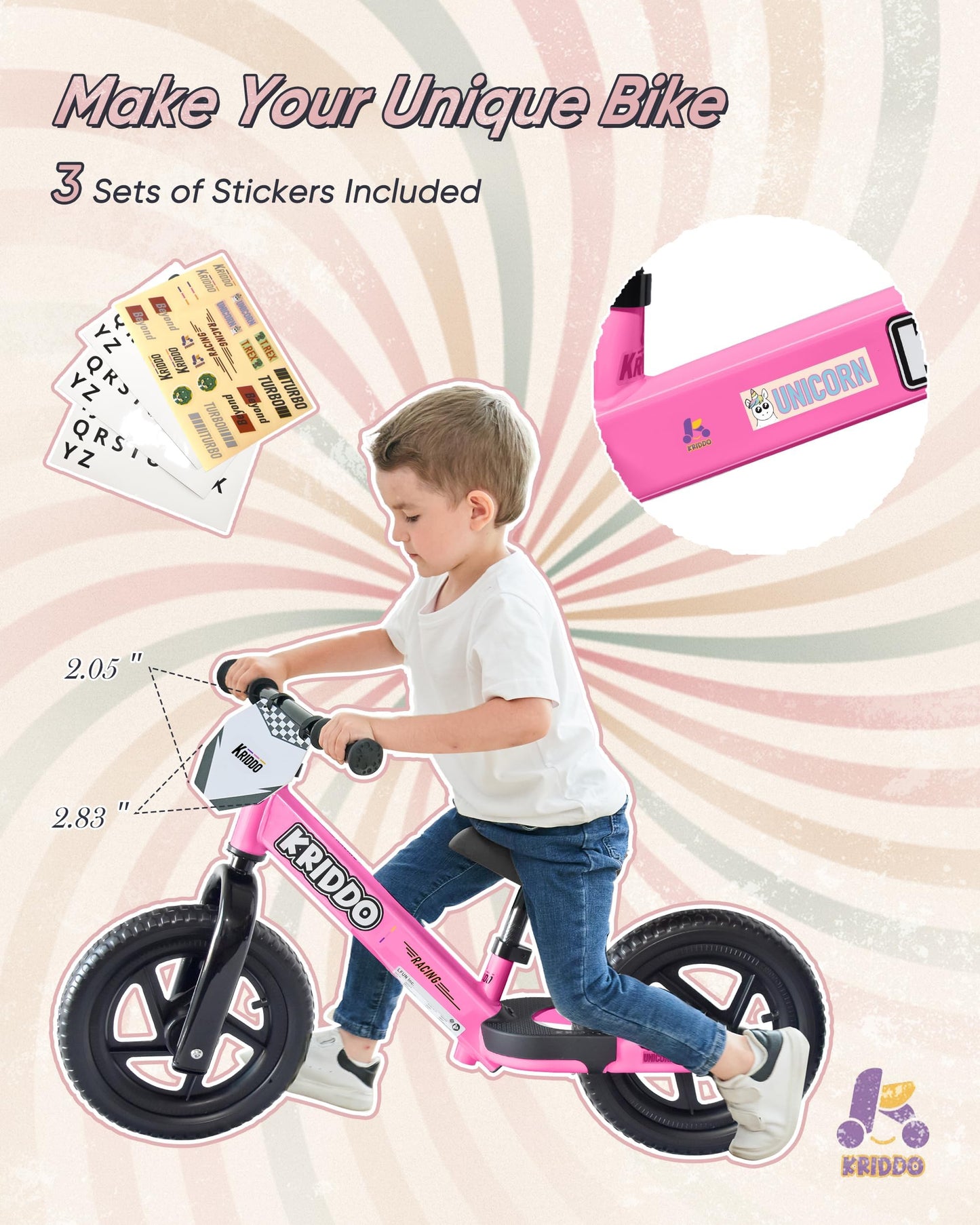 KRIDDO Balance Bike 2 Year Old, Toddler Balance Bike for Kids Aged 2-5, with DIY Colorful Stickers, Non-Slip Sporty Footrest, Ra