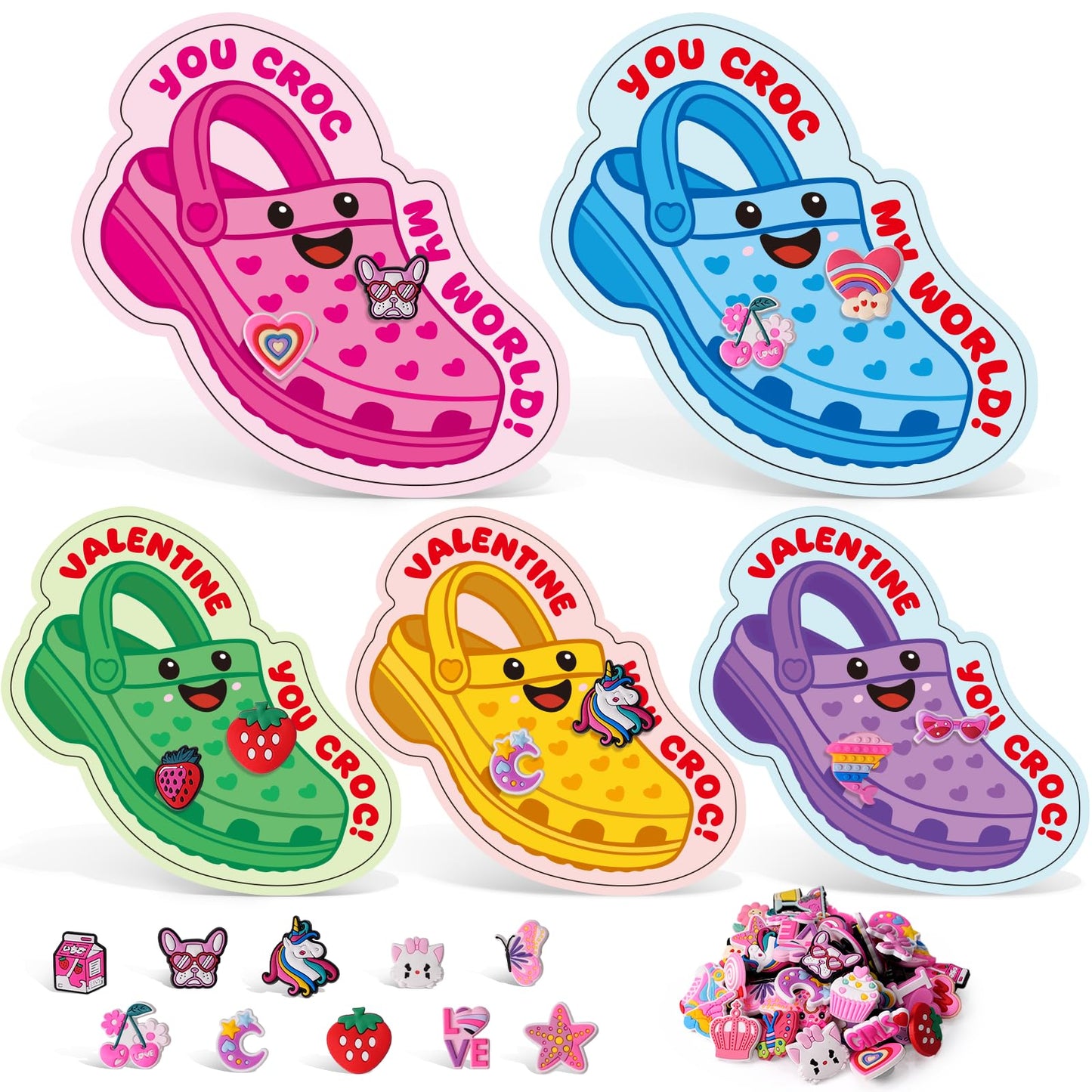 Zesua Valentines Day Cards for Kids School - Valentines Day Gifts for Kids - 30 Pcs Valentine Cards with 60 Shoe Charms - Cute V