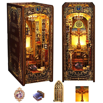 Spobot Book Nook Kit Diy Bookshelf Decor Kit With Led Light 3D Booknook Wooden Puzzle Bookend Stand Miniature Dollhouse Kit Gift