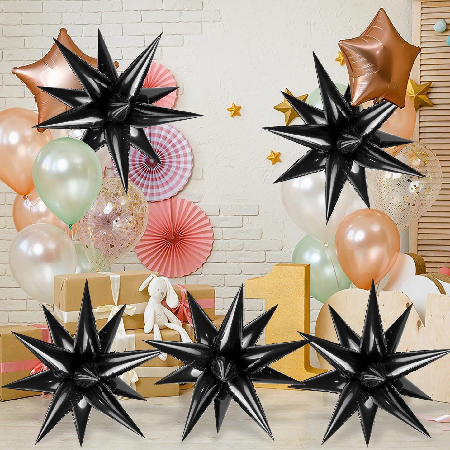60 Pcs Black Star Balloons Explosion 12 Point Foil Cone Balloons Magic Starburst Balloons Large For Wedding Anniversary Backdrop