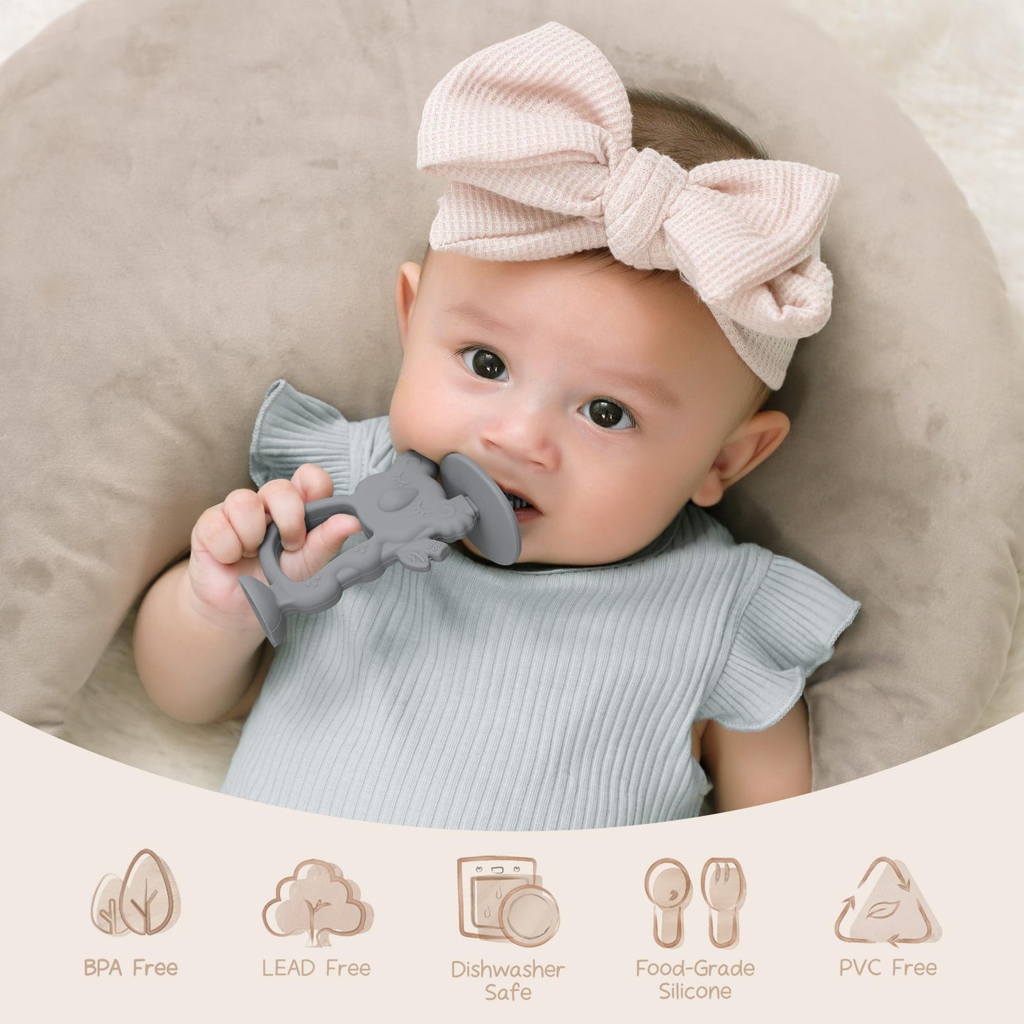 Moonkie Teething Toy, Safe & Easy To Hold Bpa Free Silicone Teethers, 360° Baby Toothbrush With Suction Base, Teether Toys Best For Babies 6-12 Months (Koala Lunar Grey)