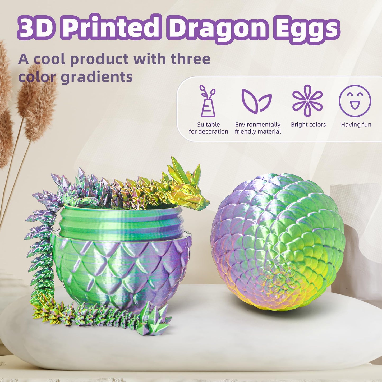 Flavery 3D Printed Dragon In Egg - Tricolor Egg With Flexible Crystal Dragon Inside, Colorful Fidget Toy, Birthday Gift, Desk Pe
