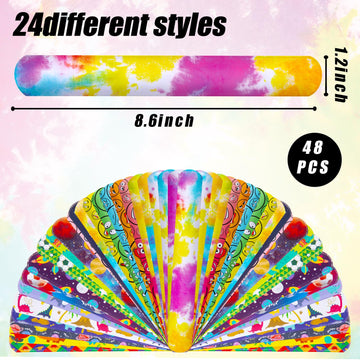 POPLAY 48PCS Kids Slap Bracelets, Slap Wristbands Bulk Tie Dye Bracelets Dinosaurs Mermaid Space Galaxy for Party Favors Classro