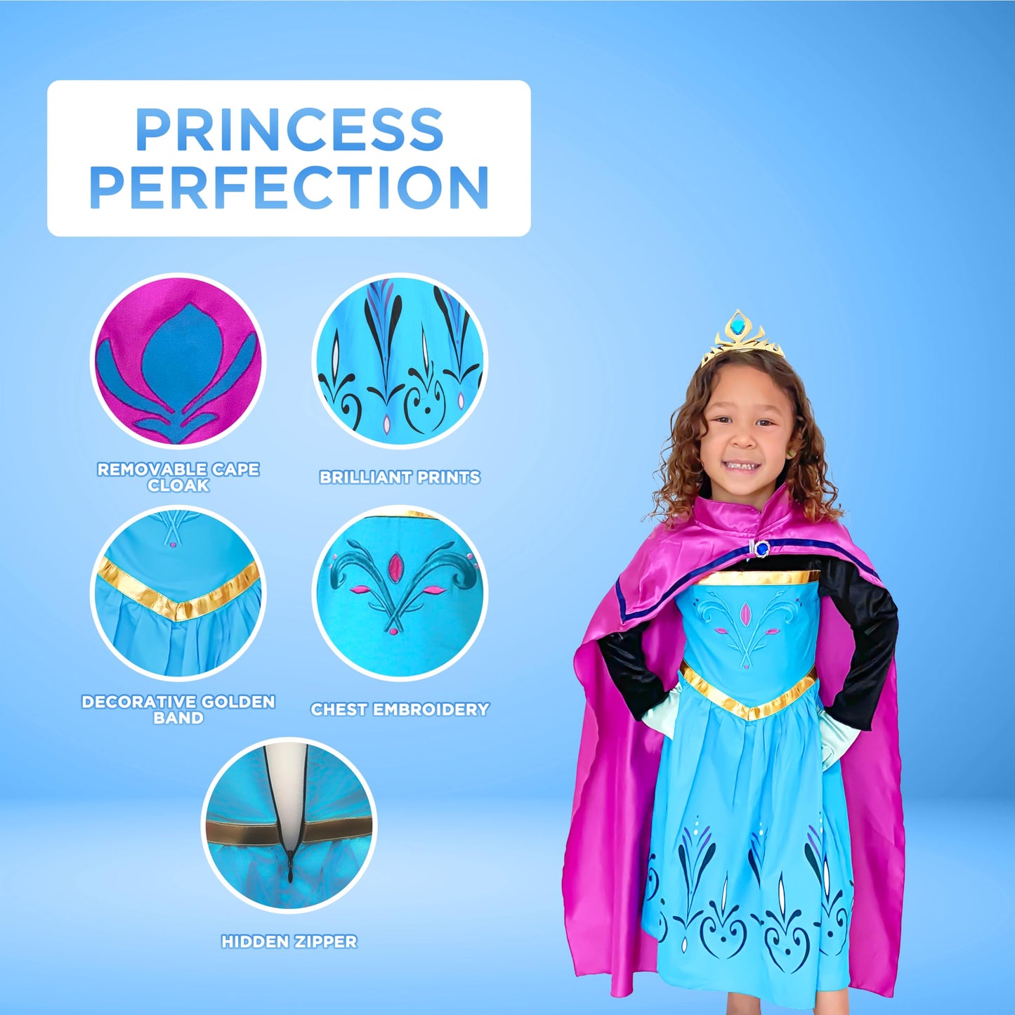 Cokos Box Girls Coronation Dress Costume Cape Gloves Tiara Crown Accessories Kids Set (Blue-Purple, 8 Years)