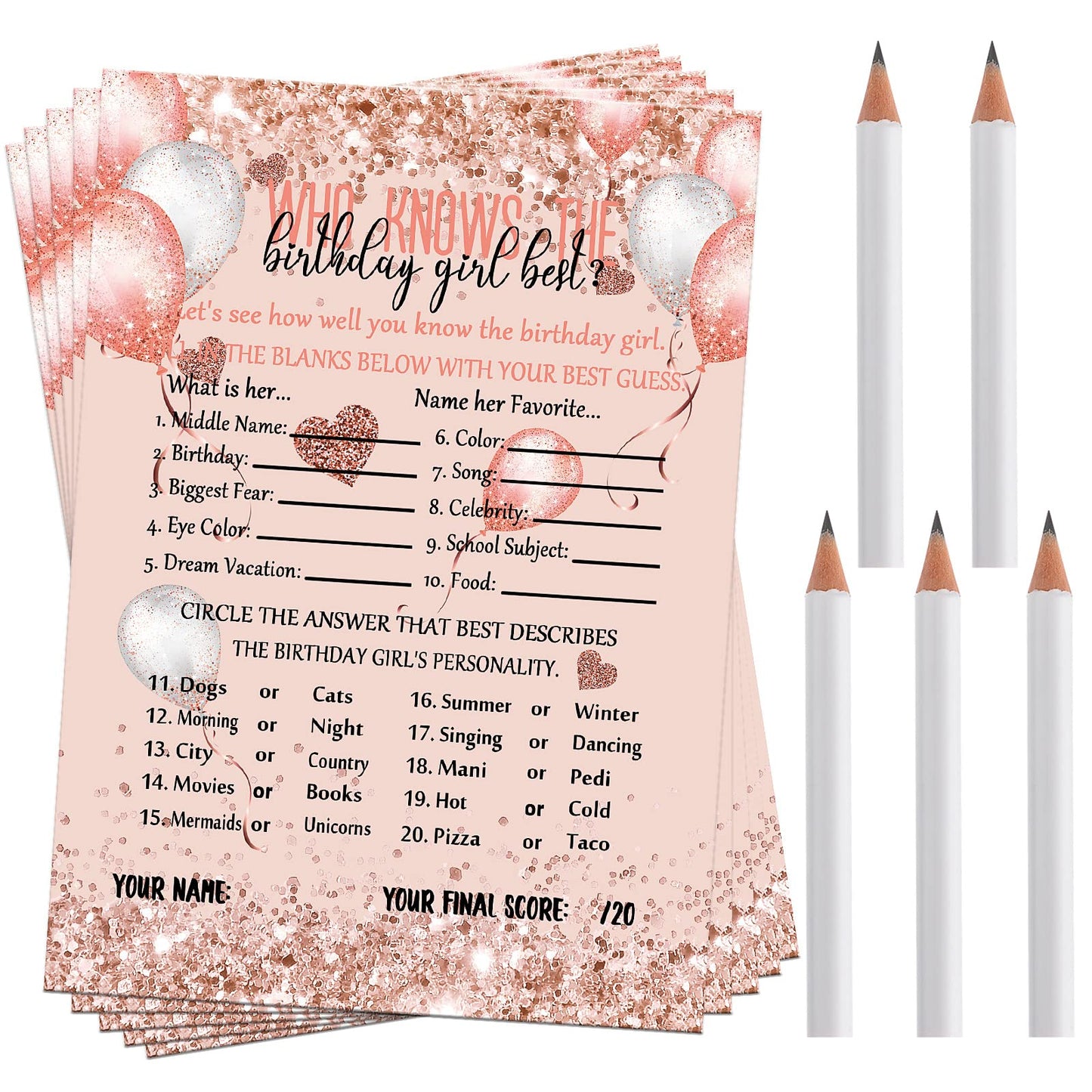 Leinuosen Who Knows The Birthday Girl Best Card, 50 Pcs Birthday Party Game Set Girly Pink Rose Gold Sprinkles Themed Birthday C