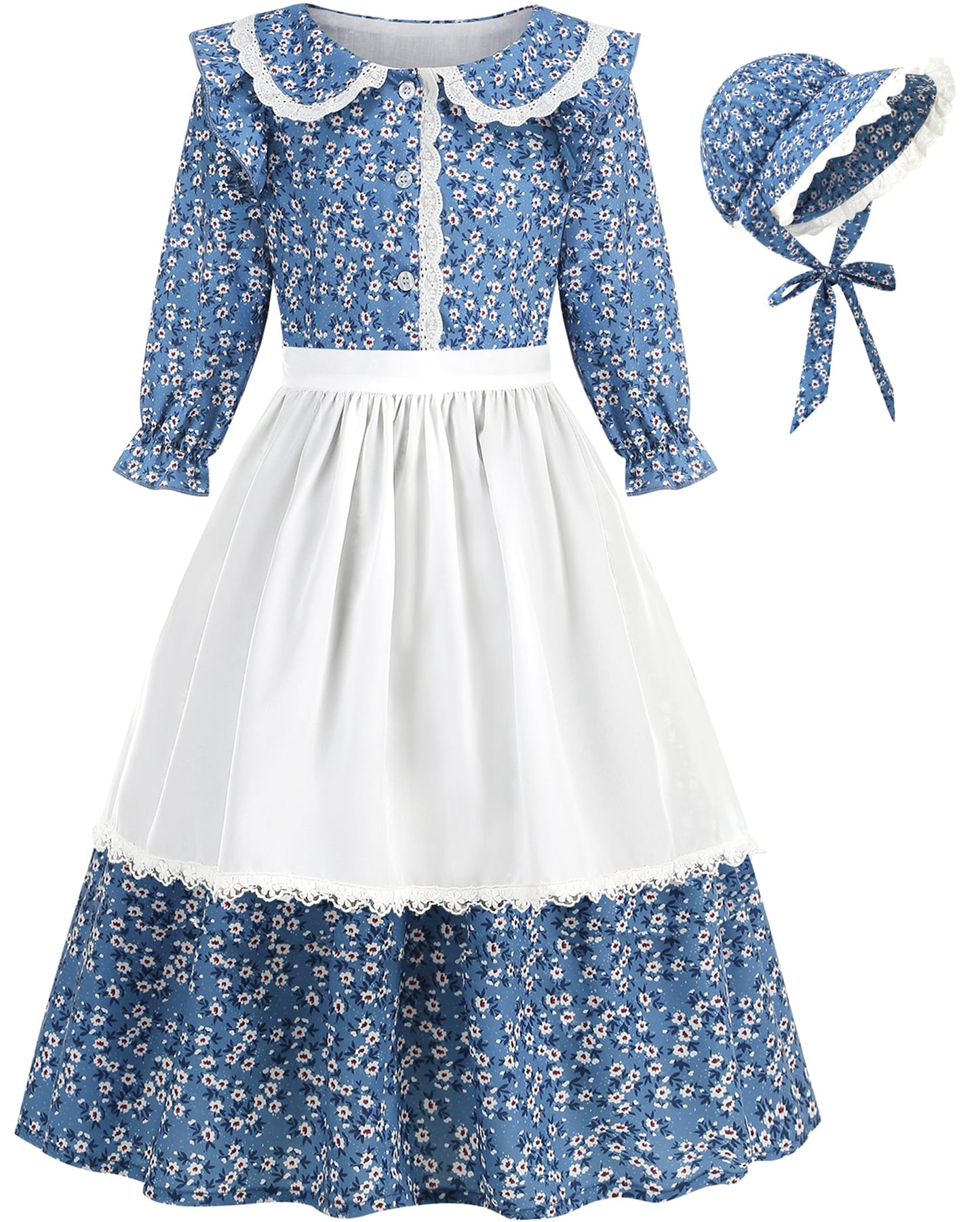 Aoiviss Girls Pioneer Costume Floral Colonial Prairie Dress For Little Kids With Apron And Bonnet, Blue