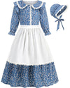 Aoiviss Girls Pioneer Costume Floral Colonial Prairie Dress For Little Kids With Apron And Bonnet, Blue