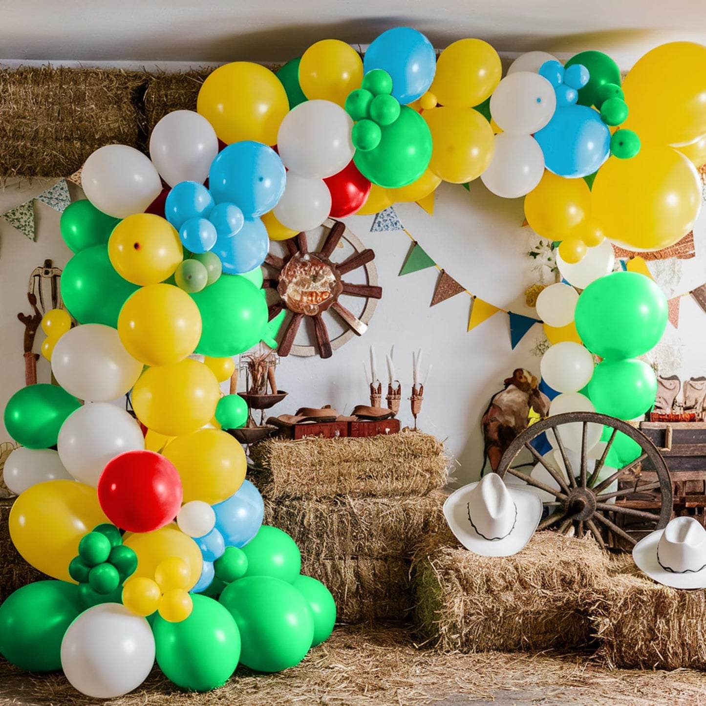 Toy Inspired Stroy Balloons, 12Inch Cartoon Balloons Blue Red Yellow Green Cow Print Balloons Arch Garland Kit For Kids Boys Gir