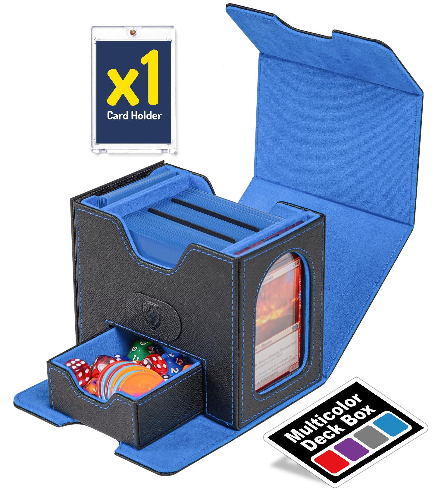 Fabmaker Deck Box For Mtg Commander, 4-In-1 Magic Card Storage Box, Commander Display, Fits 100 Double-Sleeved Cards, Large Card Box For Magic The Gathering With 2 Divider & 35Pt Holder, Blue