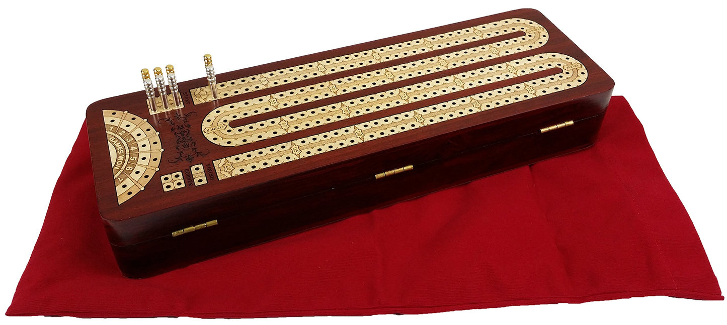 12 1/2' 2 Track Continuous Cribbage Board W/Card Storage Maple Tracks On Bloodwood Corner & Games Won