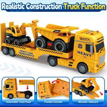 Toddler Boy Toys for 3 4 5 6 7 Years Kids, 25'' Semi Construction Carrier Truck Toy with Excavator and Dump Truck, Friction Powe