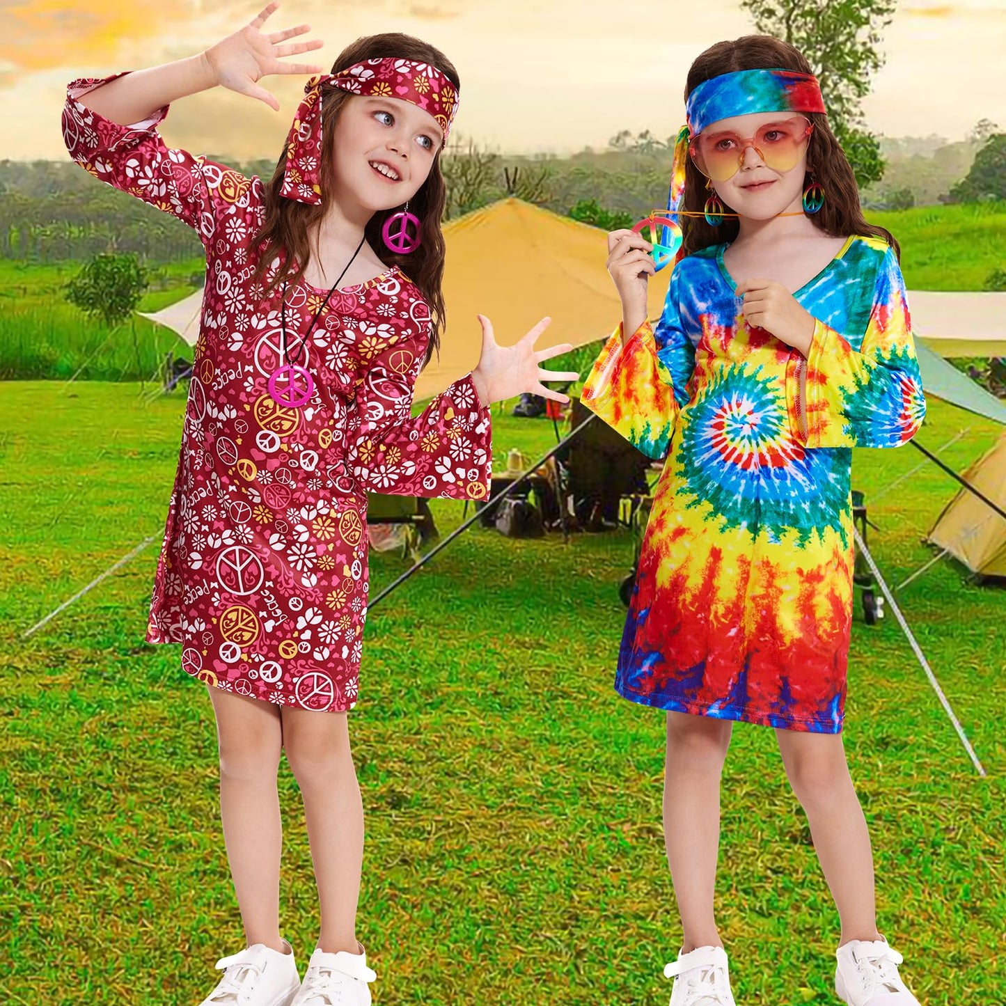 Mryuwb 70S Hippie Dress For Girls, 1970S Outfits Peace Sign Necklace Headband, 60S Themed Party Costumes For Kids 5-14 Years (Ti
