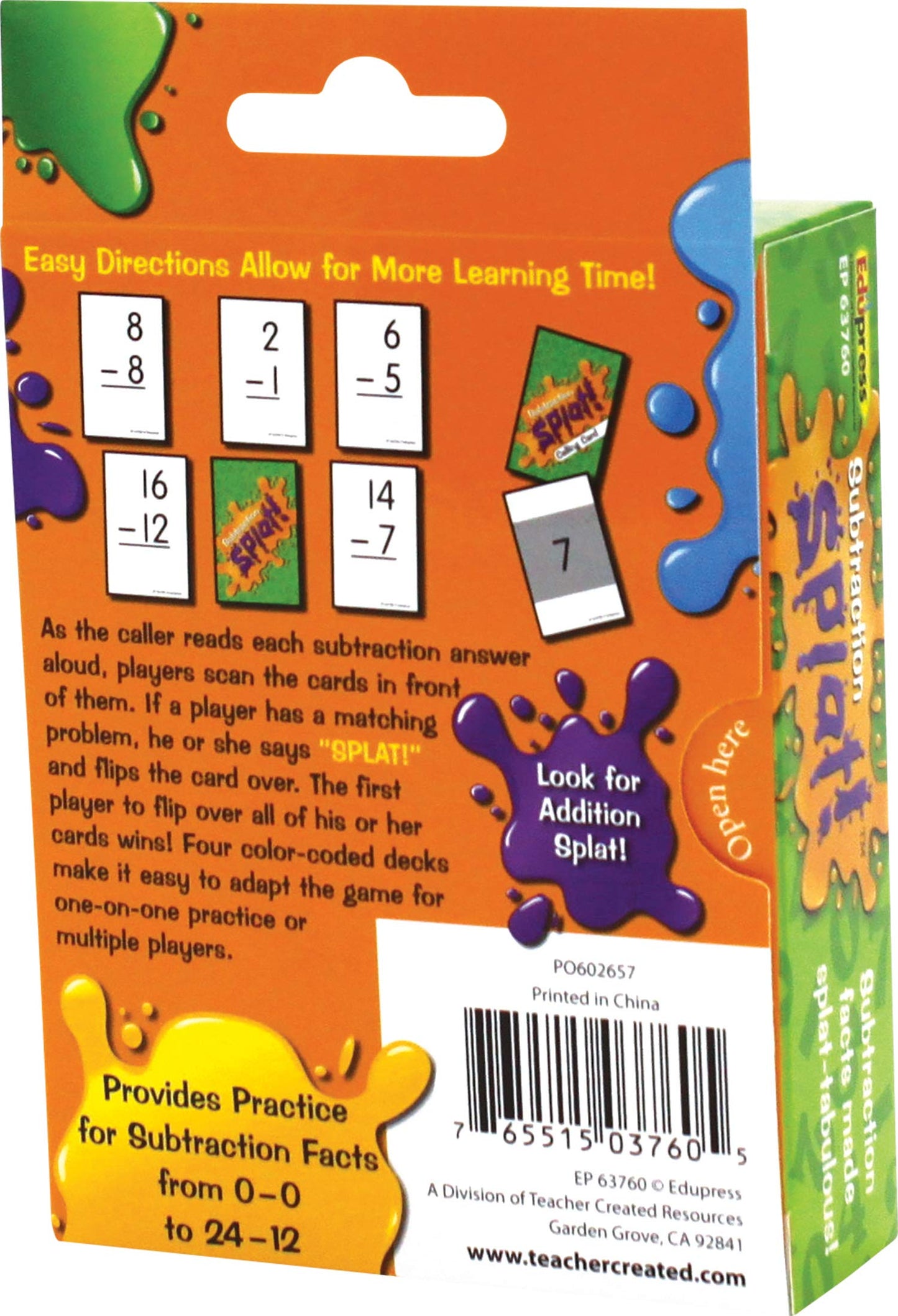 Edupress Math Splat Game: Subtraction Grades 2+ (Ep63760) , 3.5 H X 5.625 L X 2.25 W